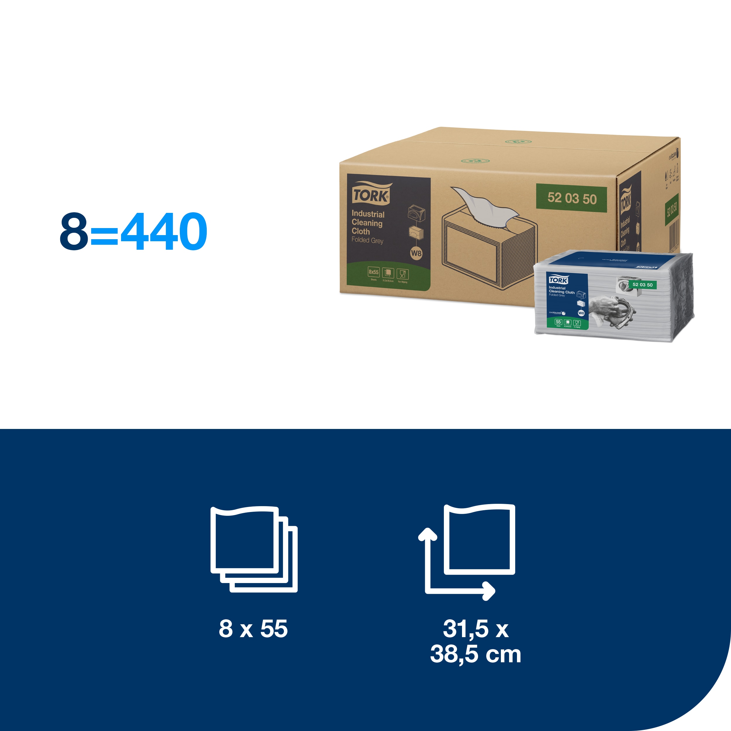 Aftørringsklud, Industri, Grå, 440 klude, Tork W8