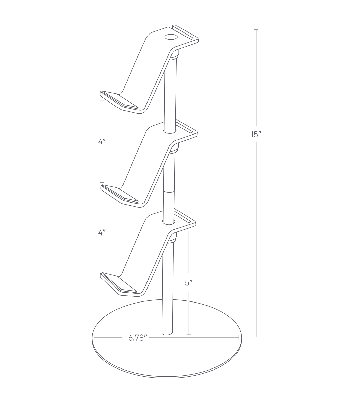 Dimension Image for a Controller Stand on a white background showing a height of 15", diameter of 6.78", distance from bottom to top of bottom rung of 5", and 4" between each rung.