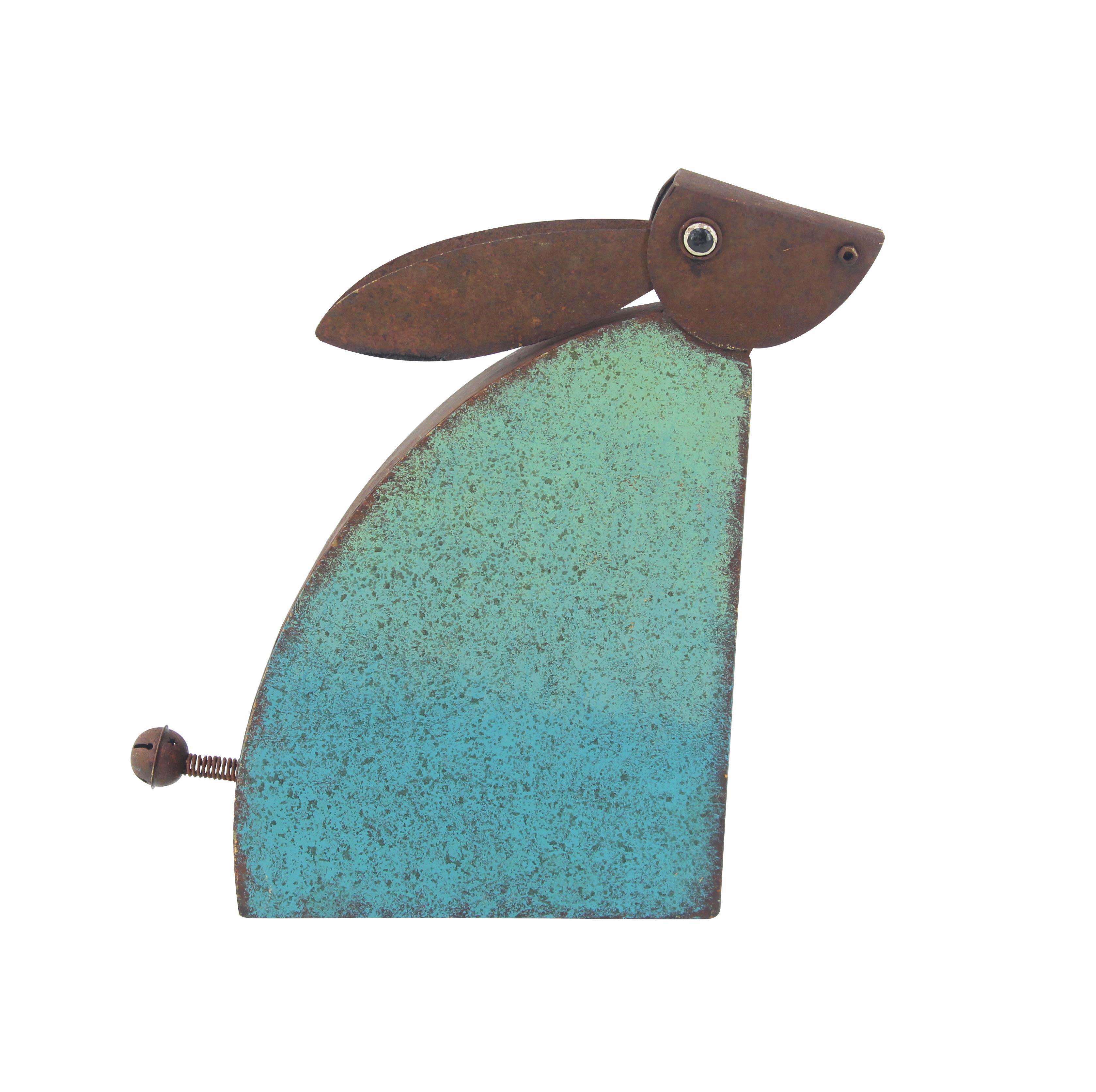 Teal Metal Rabbit Garden Sculpture, 4" x 4" x 16"