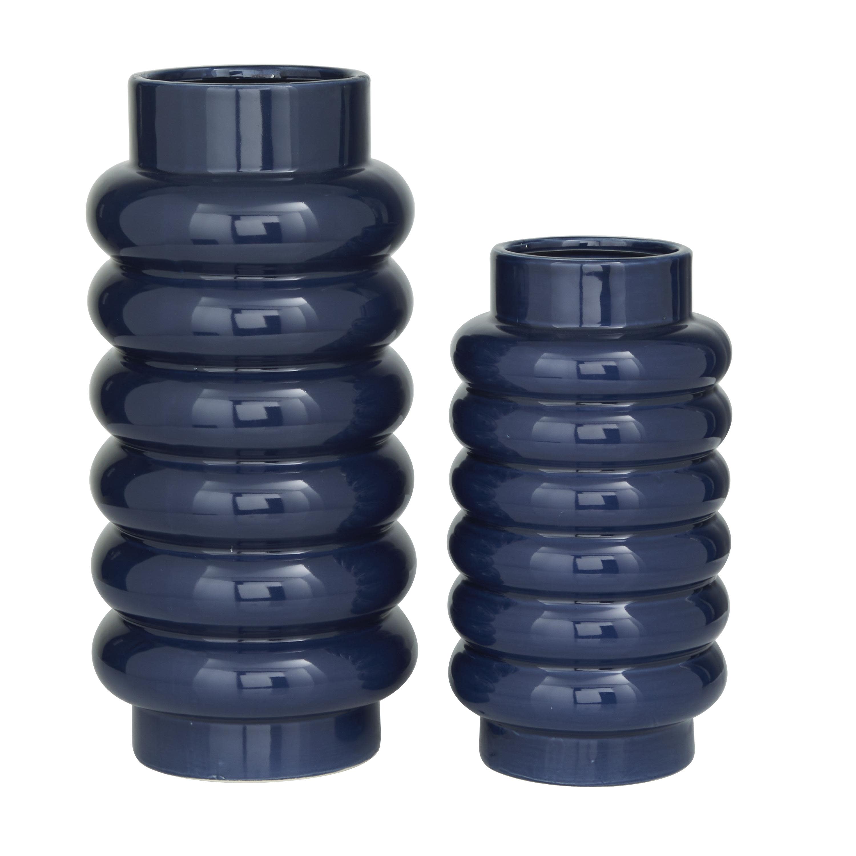 (ONLY ONE PIECE)CosmoLiving by Cosmopolitan Dark Blue Ceramic  Decorative Vase with Stacked Ring Design, Set of 16\\\", 12\\\"H