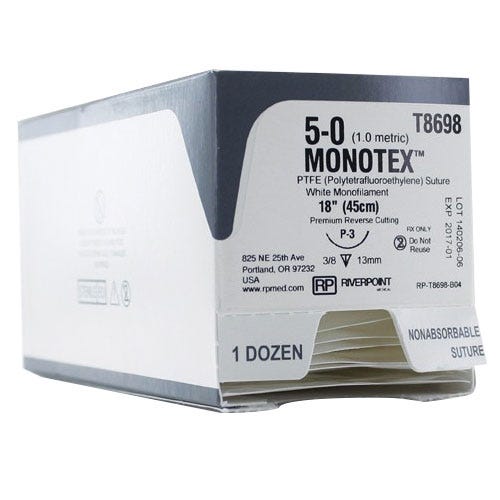 MONOTEX® PTFE (Polytetrafluoroethylene) White Monofilament Non-Absorbable Sutures, 5-0, P-3, Premium Reverse Cutting, 18" - 12/Box