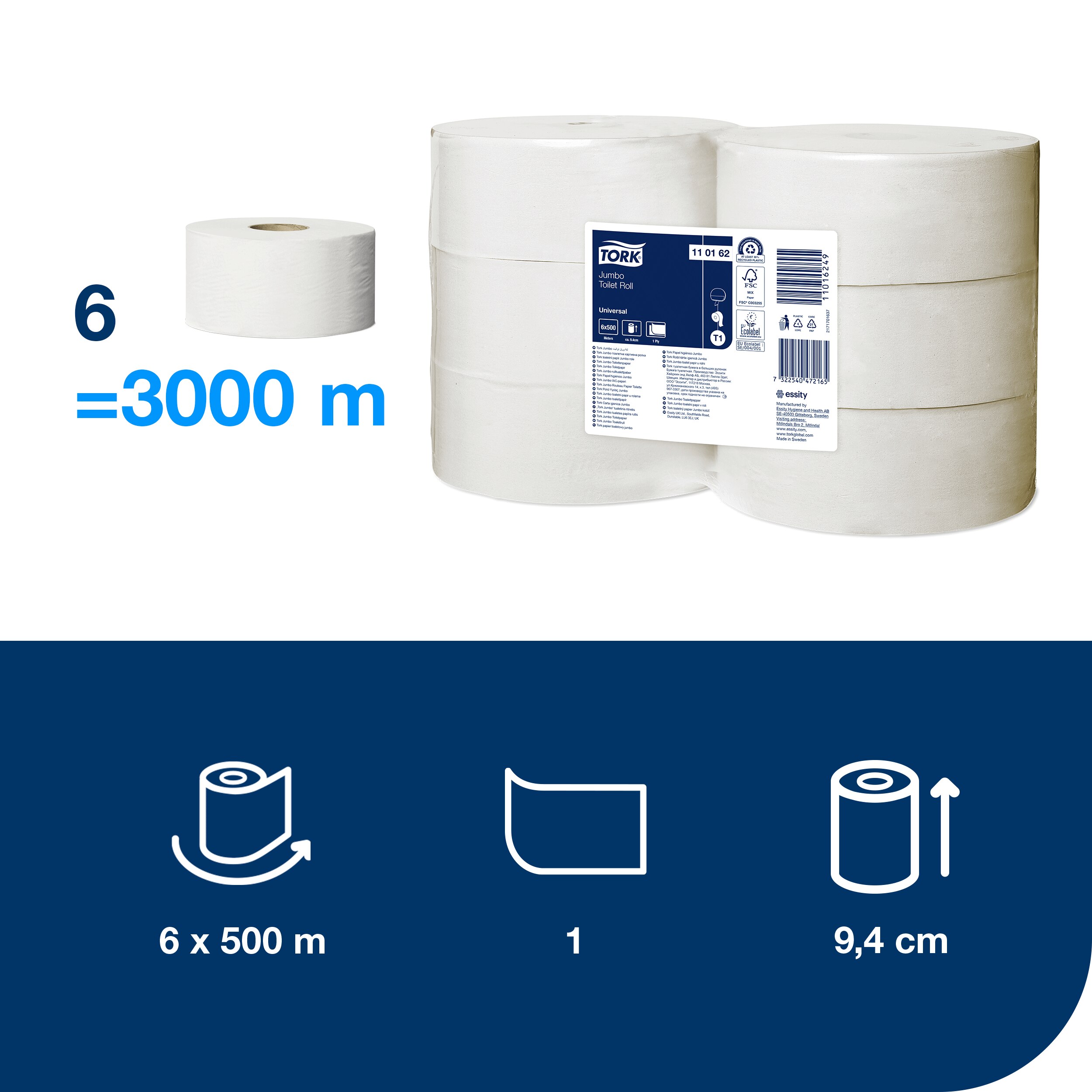 Toiletpapir, Udvendig oprulning, 1 lag, 6 ruller, Tork Jumbo Midi Universal T1