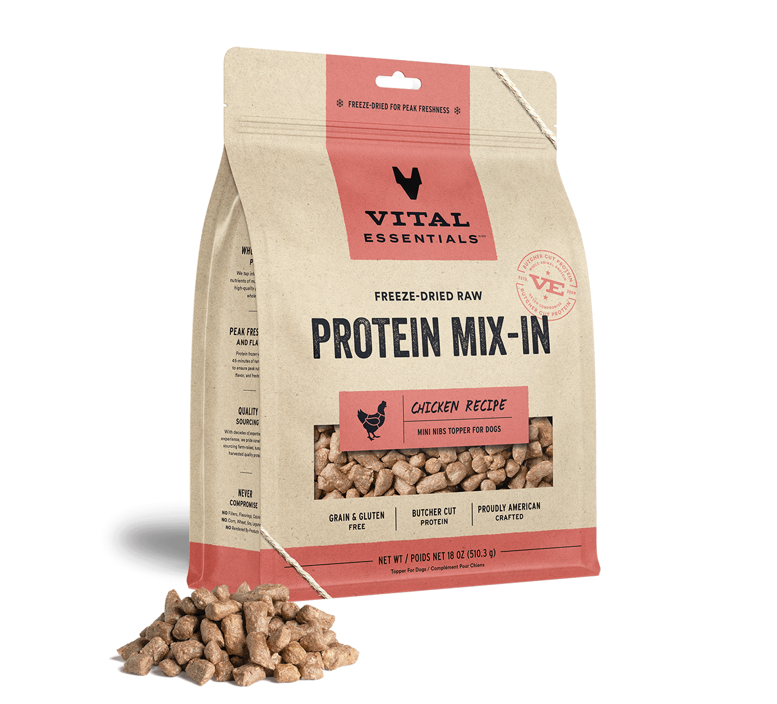 Vital Essentials Freeze-Dried Raw Protein Mix-In Chicken Recipe Mini Nibs Topper for Dogs, 18 oz - Health/First Aid