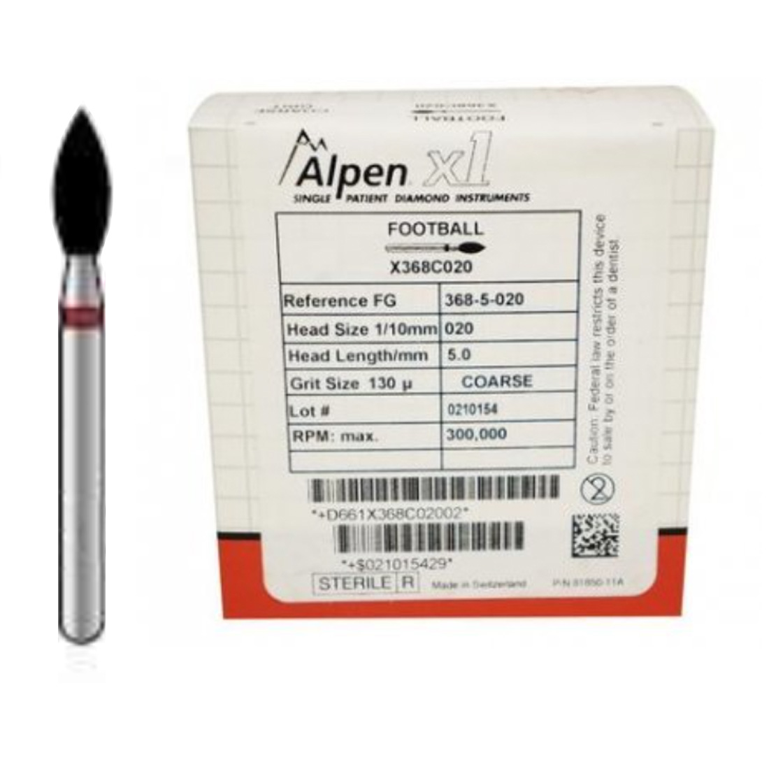 Alpen® x1 Single-Patient Diamond Bur, #368 Football Shape, Coarse Friction Grip - 25/Box