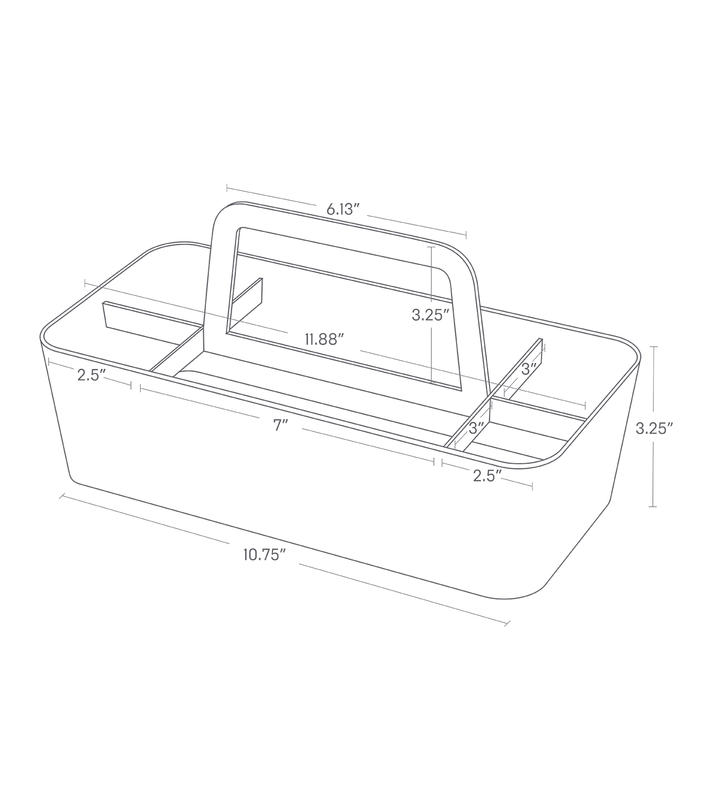 TOWER Storage Caddy. 10.75 inches long, 3.25 inches deep. Handle 6.13 inches across, 3.25 inches tall.