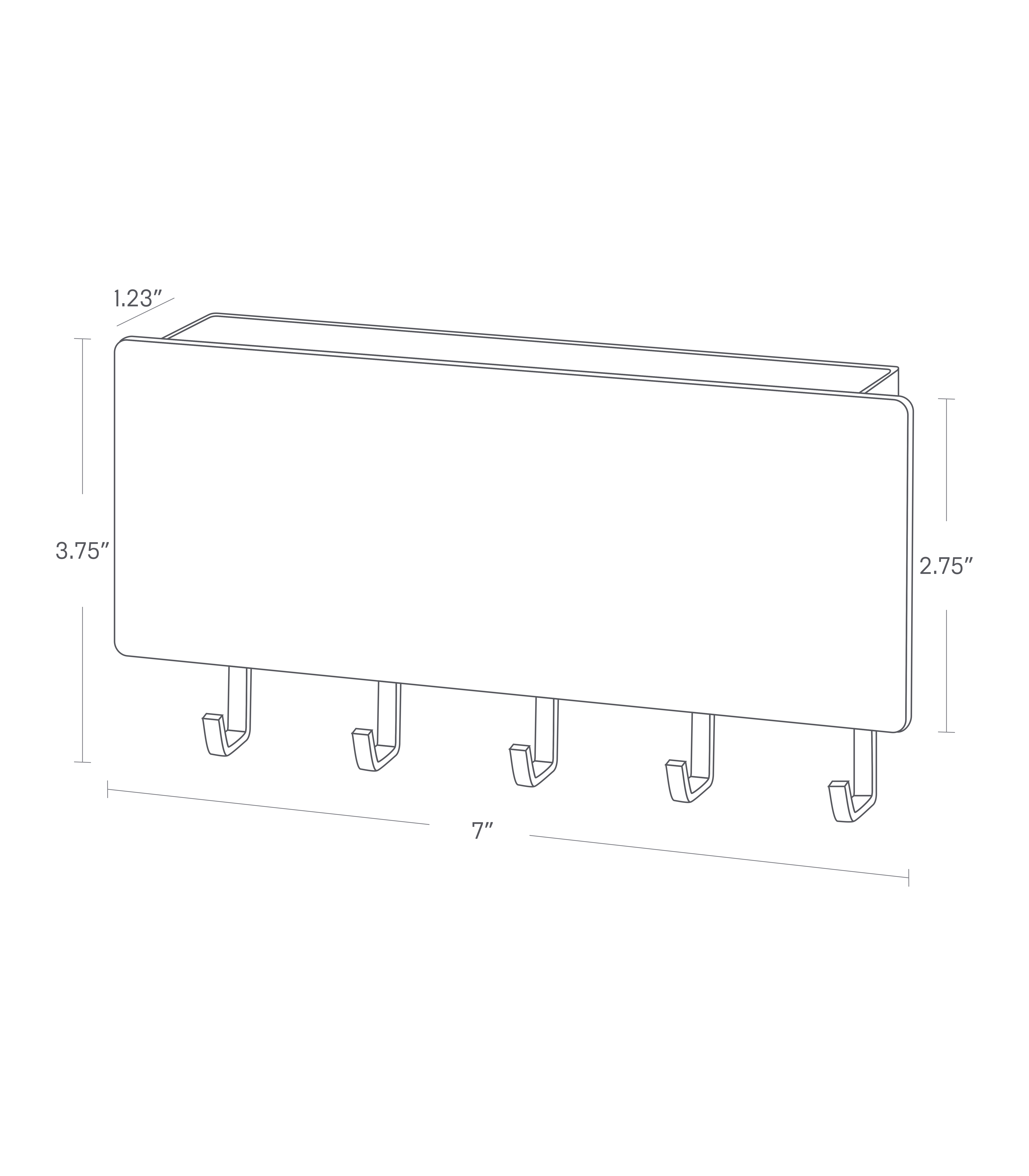 Dimension image for Magnetic Key Rack on a white background with a length of 7'', a width of 2.75'', a depth of 1.23'', and a total height of 7'' including the key hooks