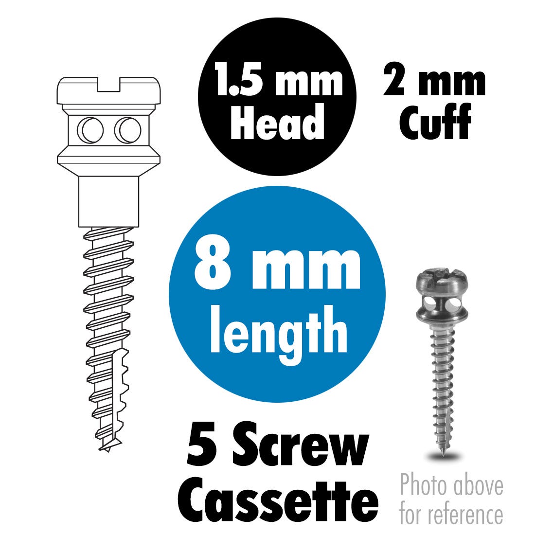 ACE Orthodontic Bone Screws 1.5mm x 8mm with 2mm cuff, sterile, titanium, 5/Pkg