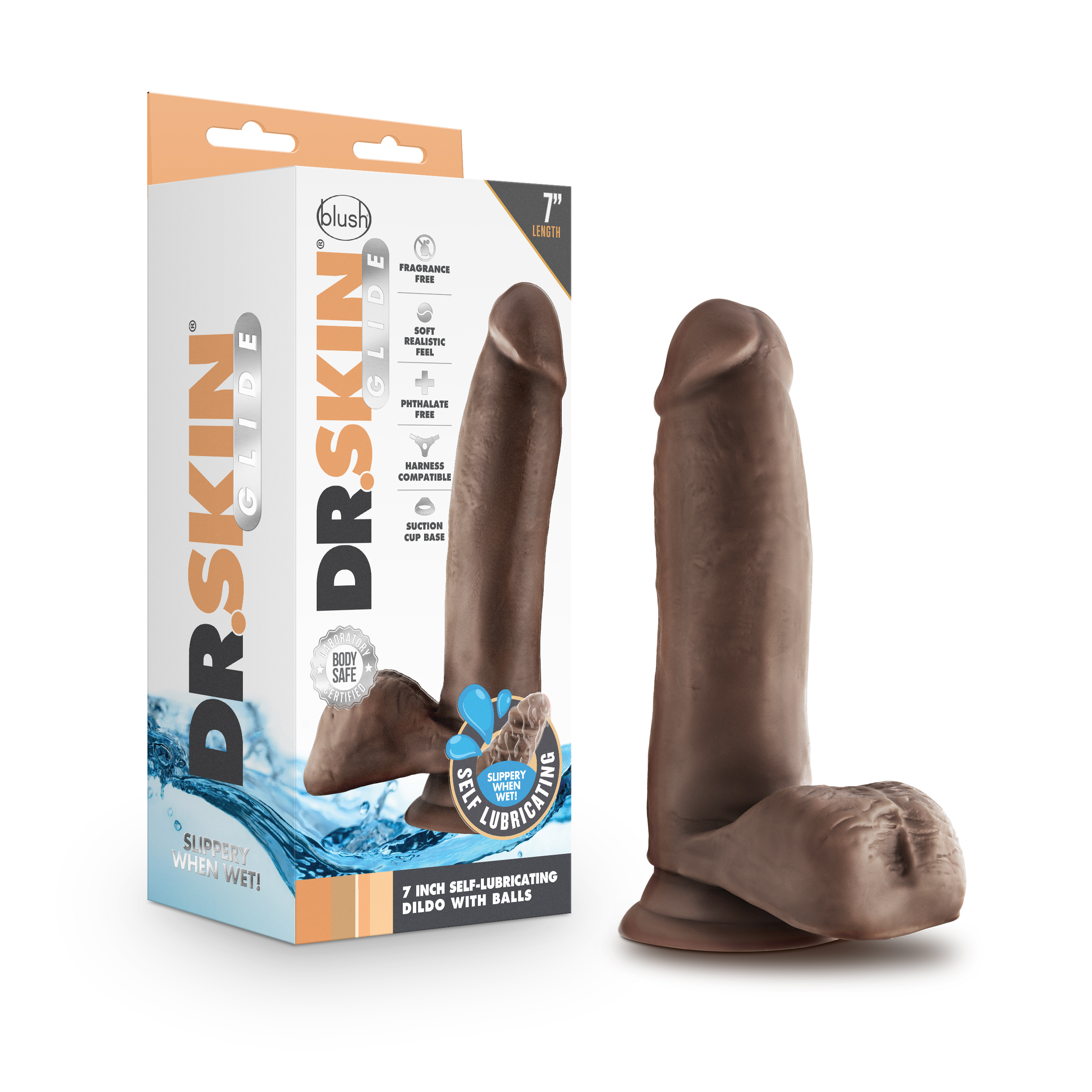 Blush Dr. Skin Glide Realistic Chocolate 7-Inch Long Dildo With Balls & Suction Cup Base