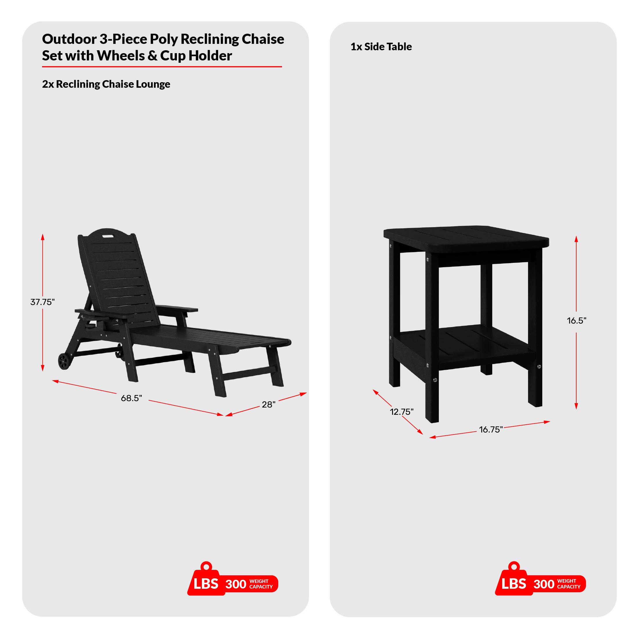 3-Piece Outdoor Patio Chaise Lounge Chair with Wheels & Cup Holder with Patio Side TableCOS Spec Image