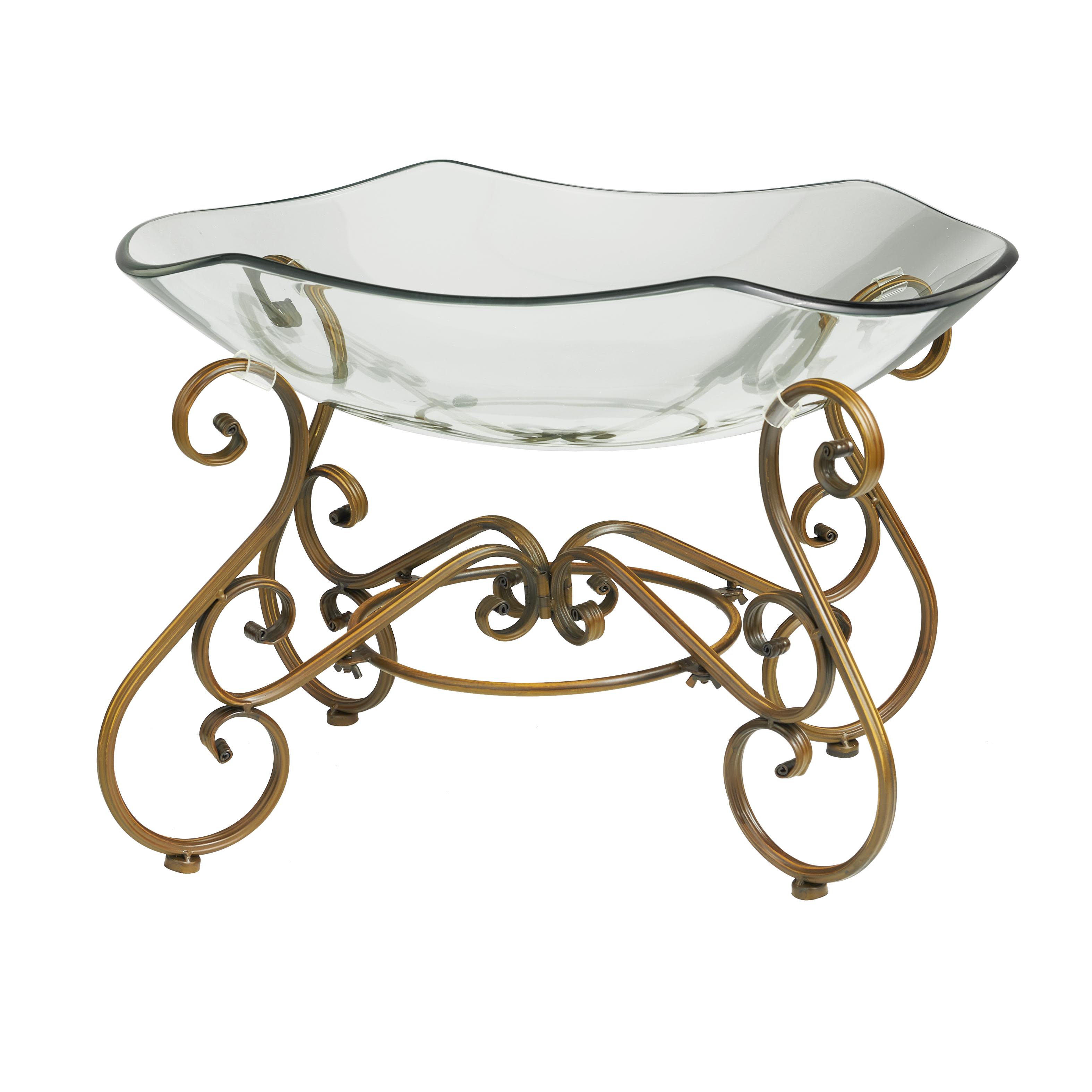 (Only base)Clear Glass Kitchen Serving Bowl with Gold Metal Scroll Base, 21\" x 16\" x 14\"
