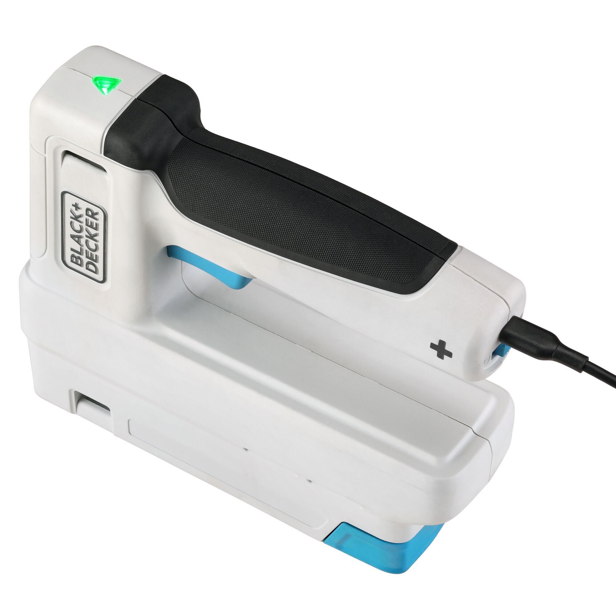 BLACK+DECKER cordless power stapler being charged, and LED is illuminated green indicating the battery is fully charged