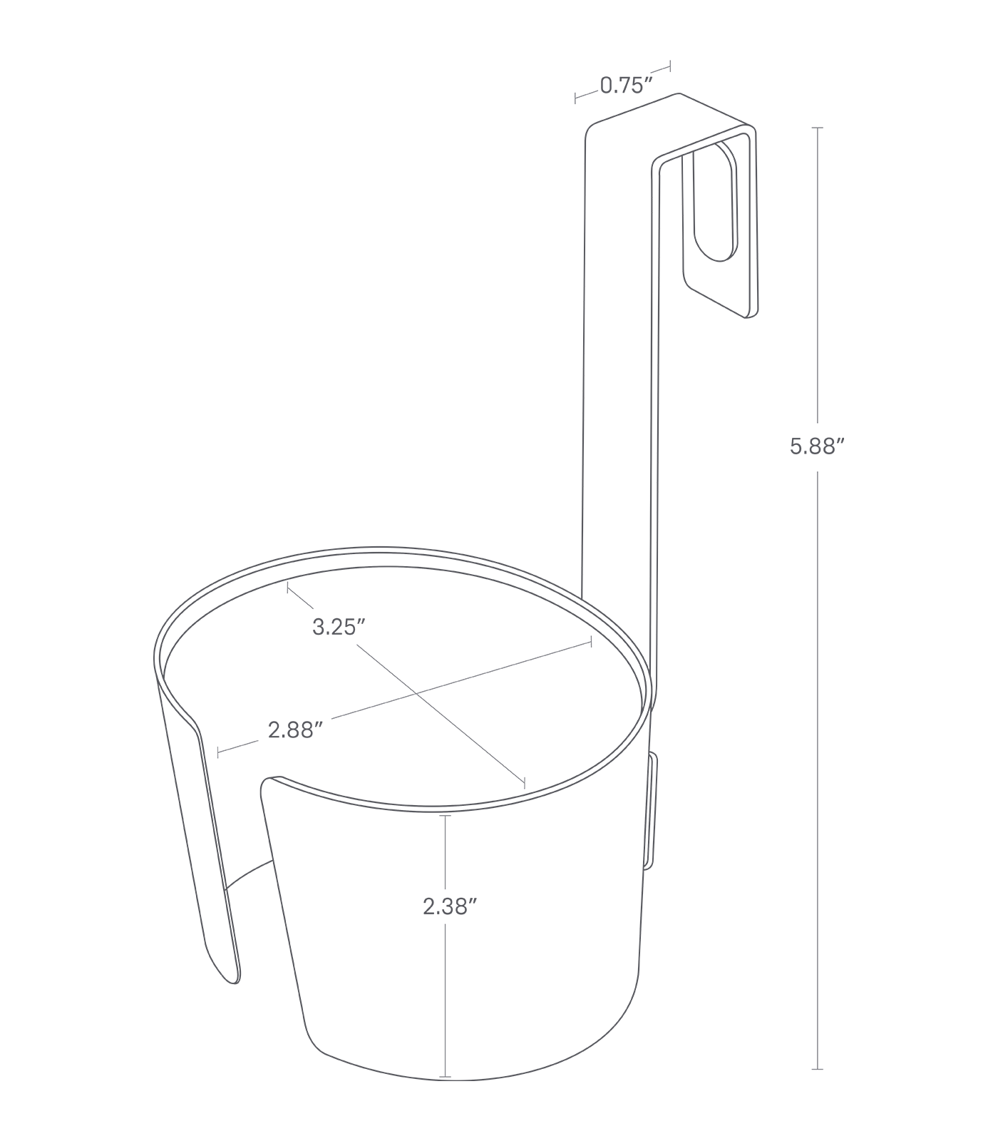 BEAUTES Blow Dryer Holder. Hook 5.88 inches tall, 0.75 inches wide. Holder 2.38 inches tall, 3.25 inches long, 2.88 inches wide.