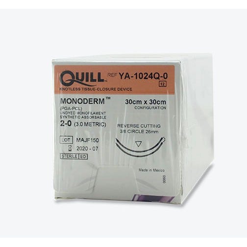 Quill™ Monoderm™ (PGA-PCL) Clear Monofilament Sutures, 2-0, 26mm 3/8 Circle, Reverse Cutting, 30cm x 30cm Barb Configuration -12/Box