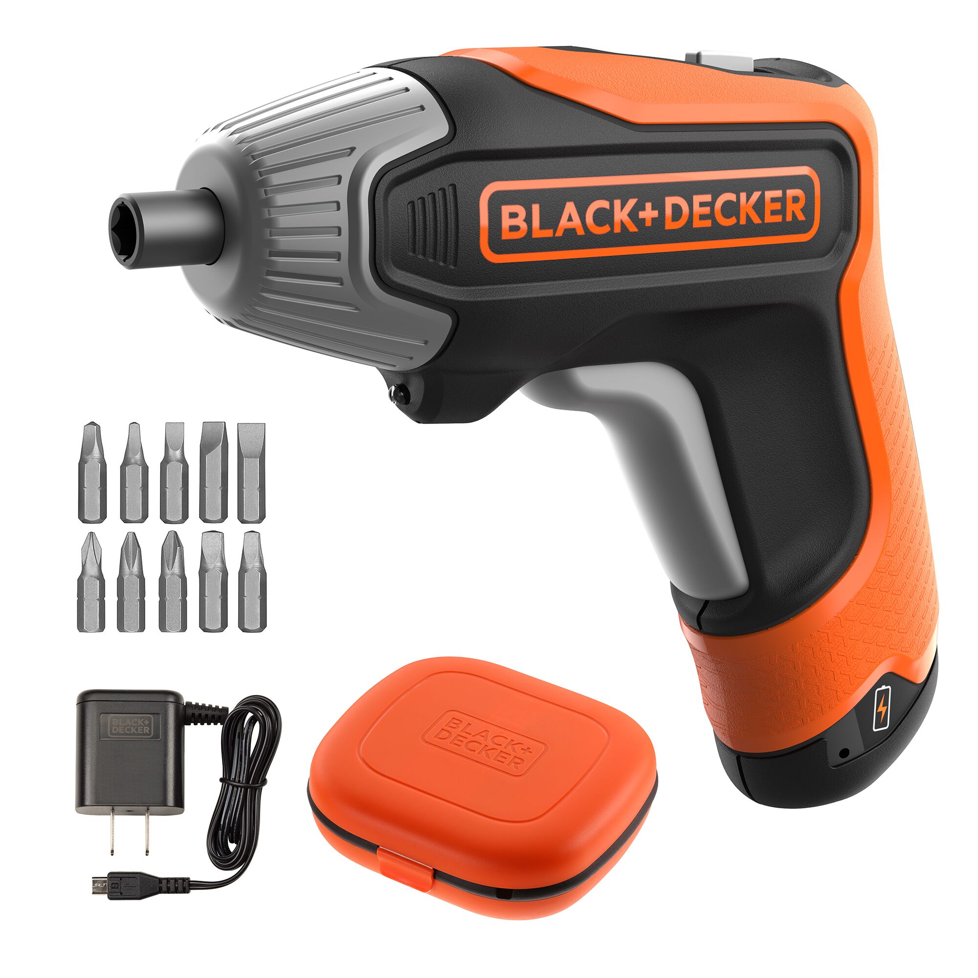 View of BLACK+DECKER 4V Max Cordless Screwdriver with bits, charger and storage case