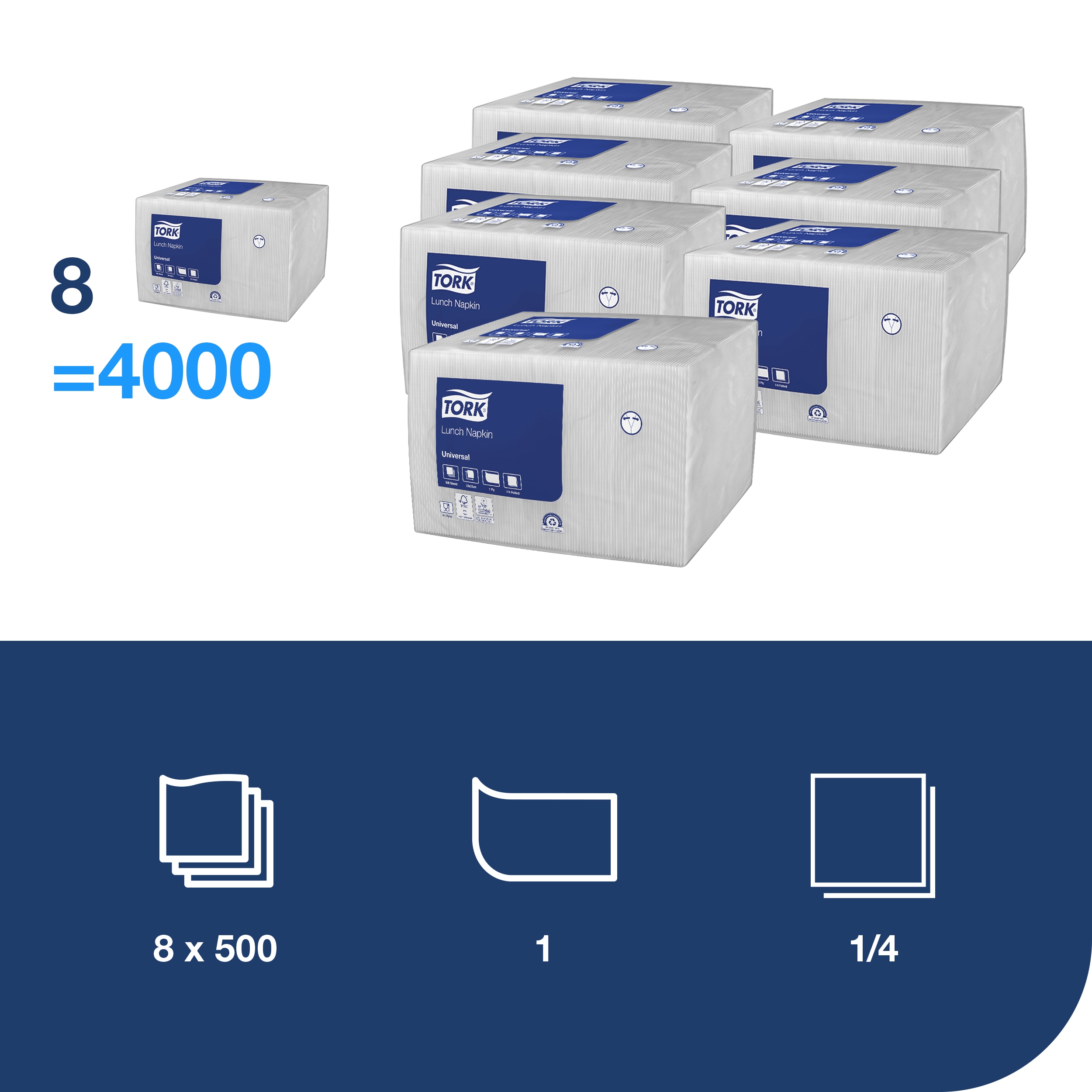 Servietter, 1 lag, Hvid, 33x33 cm, 4000 stk, Tork Universal