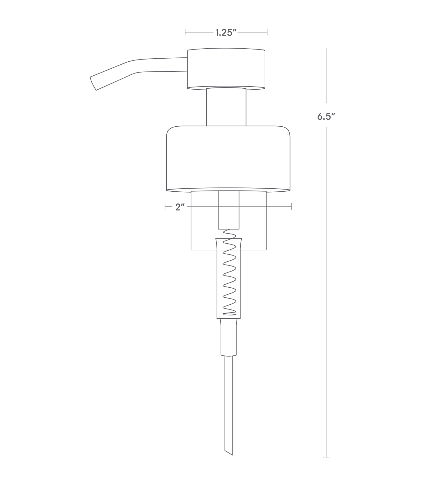 Dimension image for Replacement Dispenser Pump for Foaming Soap Dispenser showing height of 6.5", width of 2" and 1.25" for the top pump