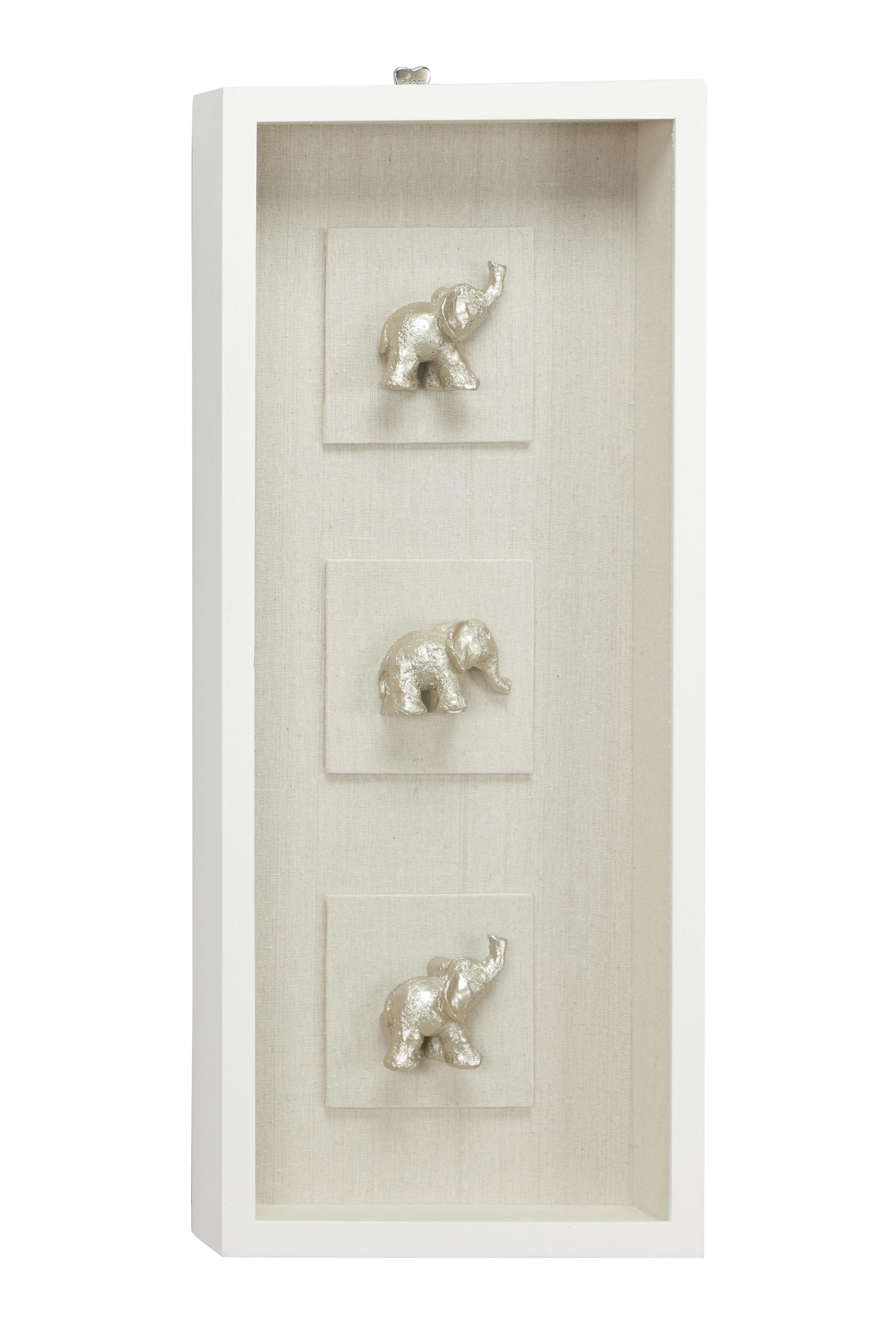 Silver Polystone Elephant Home Shadow Box with Beige Fabric Backing, 12" x 3" x 28"