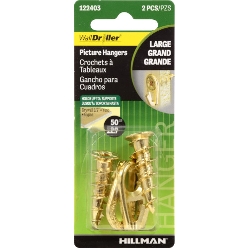 Hillman Wall Driller Picture Hook - No Pre-Drilling Needed, Holds Up To 50 Lbs, Brass Plated, Easy Install - View #2
