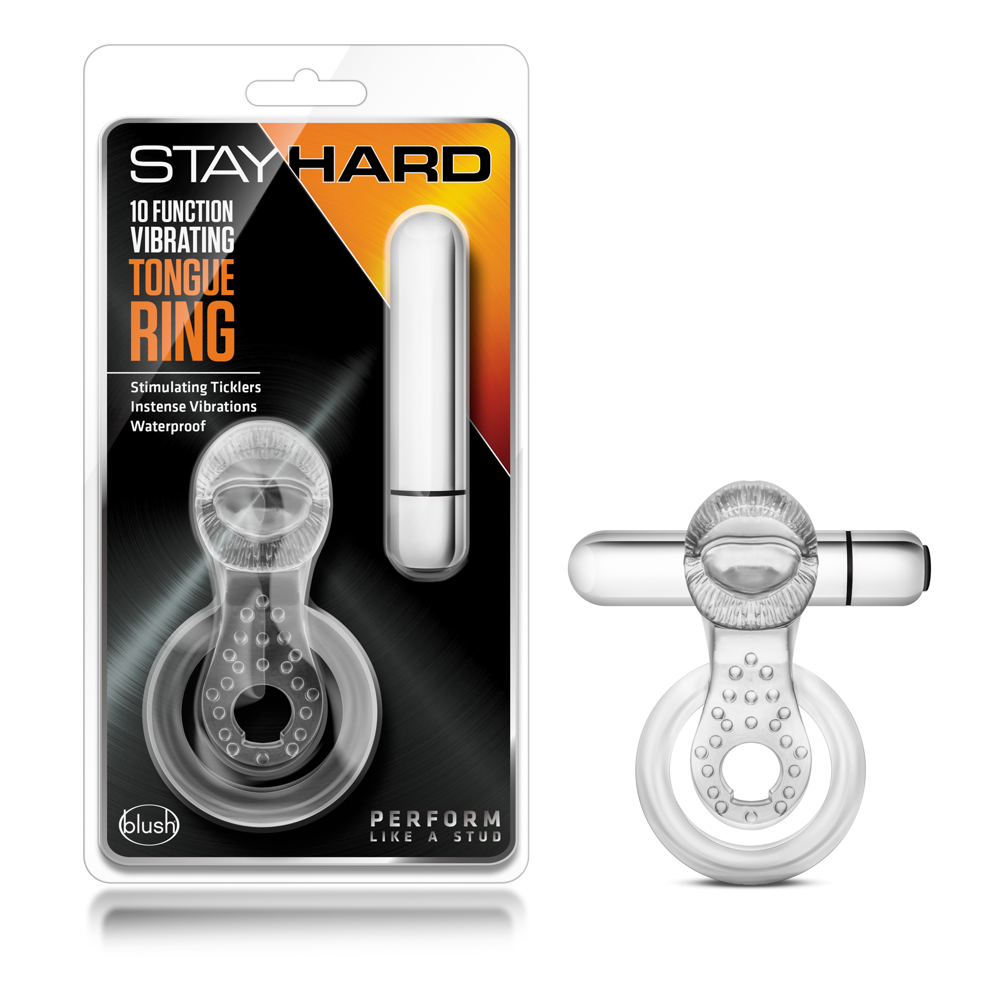 Blush Stay Hard / Tongue Ring: 3-In-1 Clear 10-Function Vibrating Penis Ring