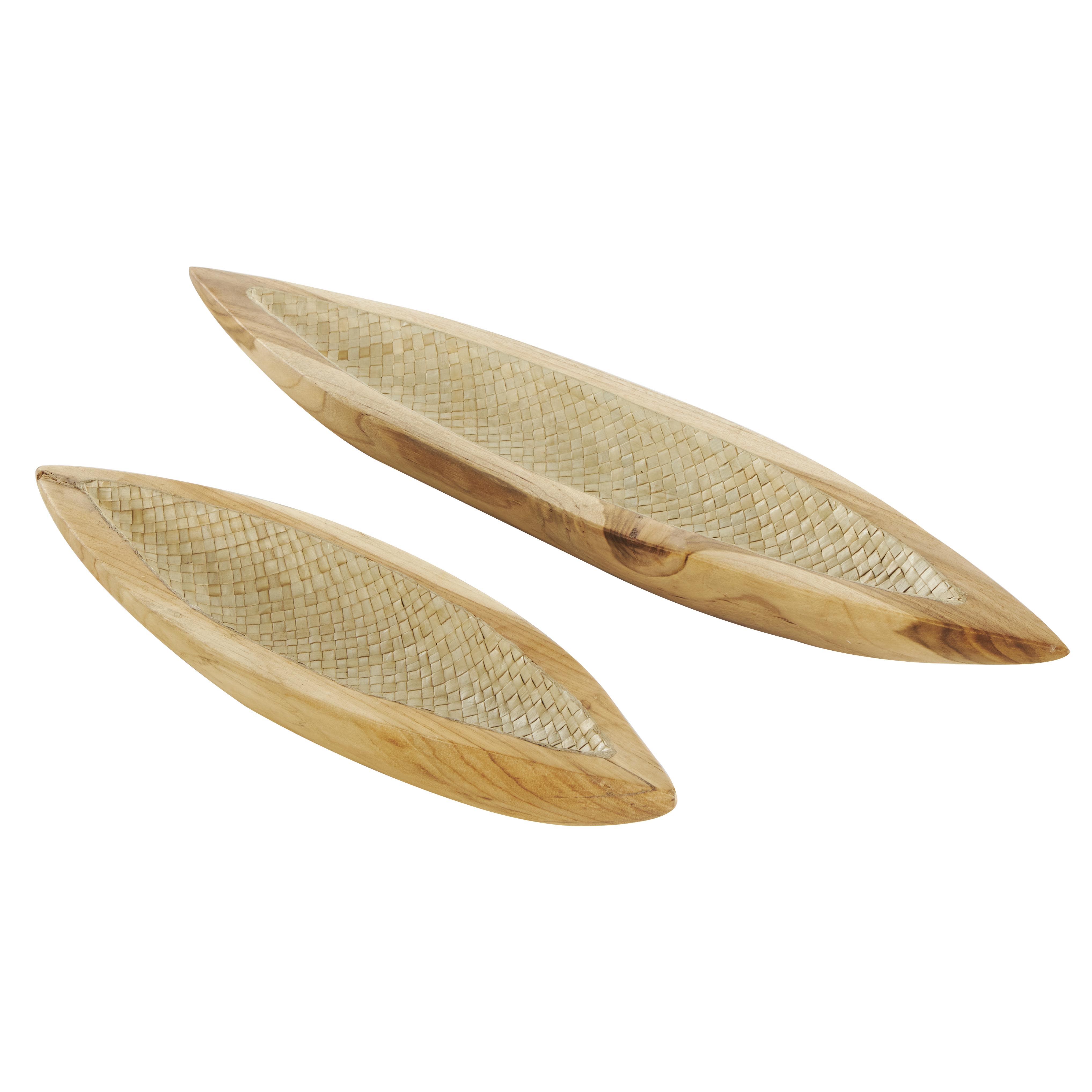Brown Teak Wood Boat Handmade Carved Living Room Decor Tray with Woven Palm Leaf Interior, Set of 2 25", 17"W