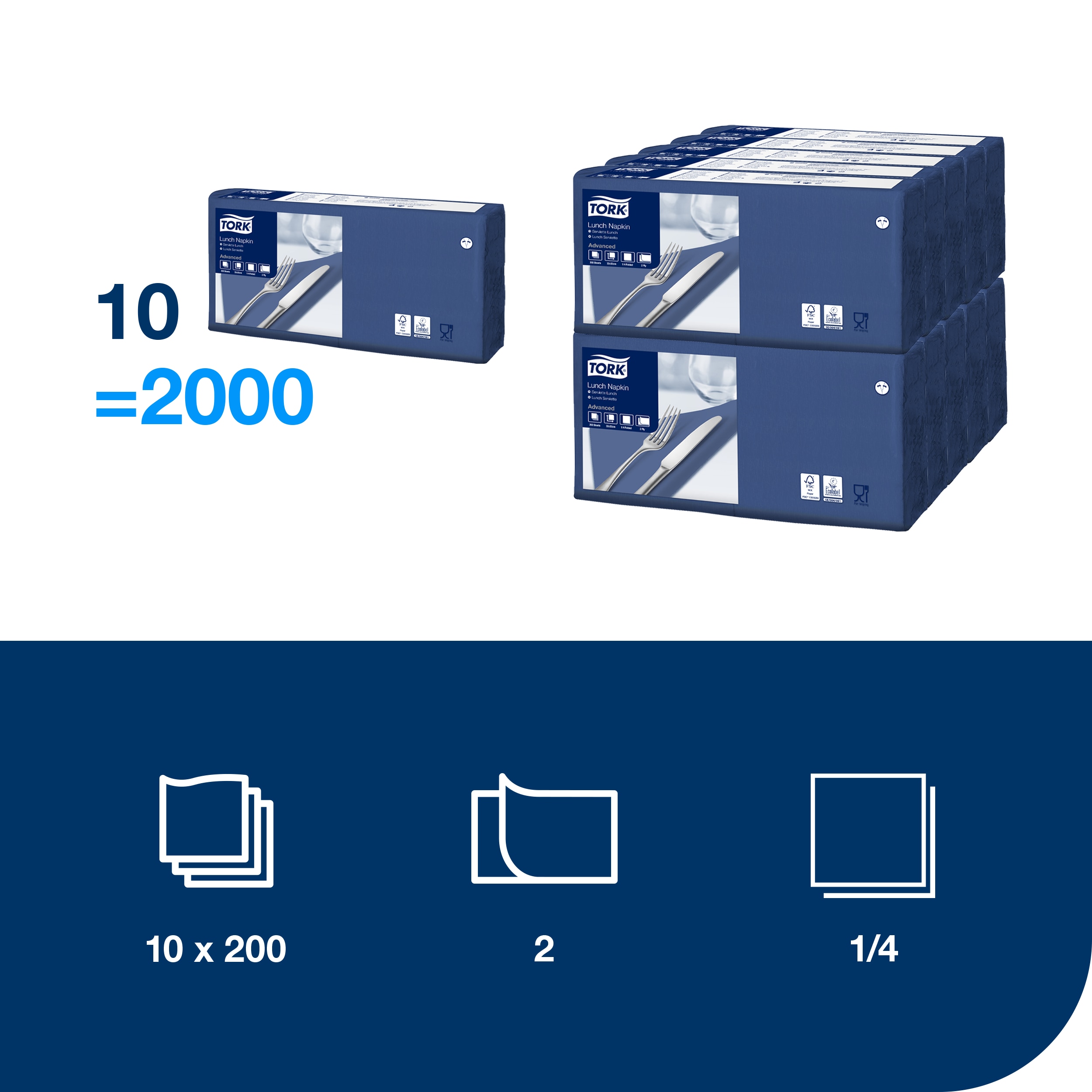 Servietter, 2 lag, Mørkeblå, 33x33 cm, 2000 stk, Tork Advanced