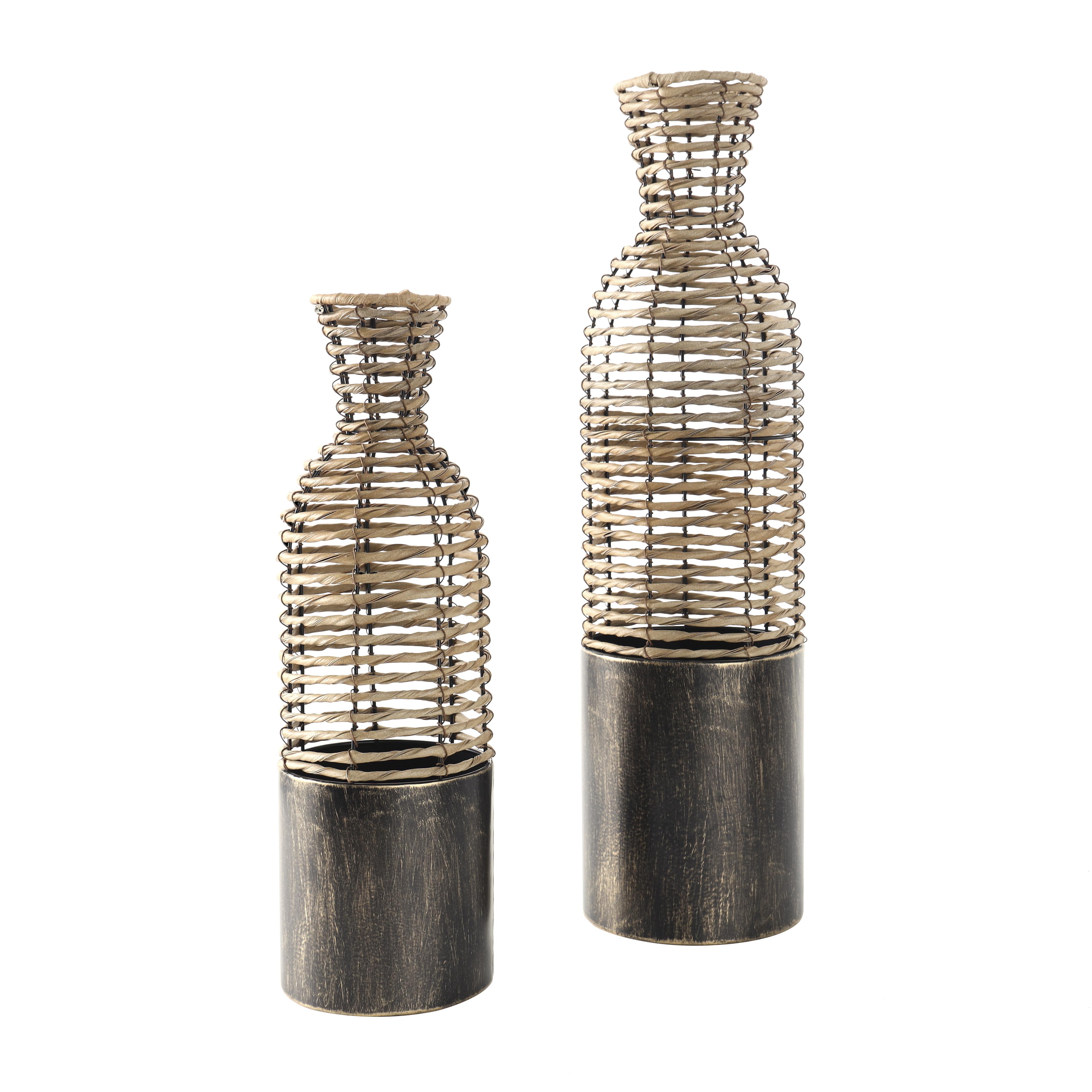 Light Brown Plastic Rattan  Handmade Open Framed Decorative Vase with Bronze Metal Bases, Set of 2 25", 19"H
