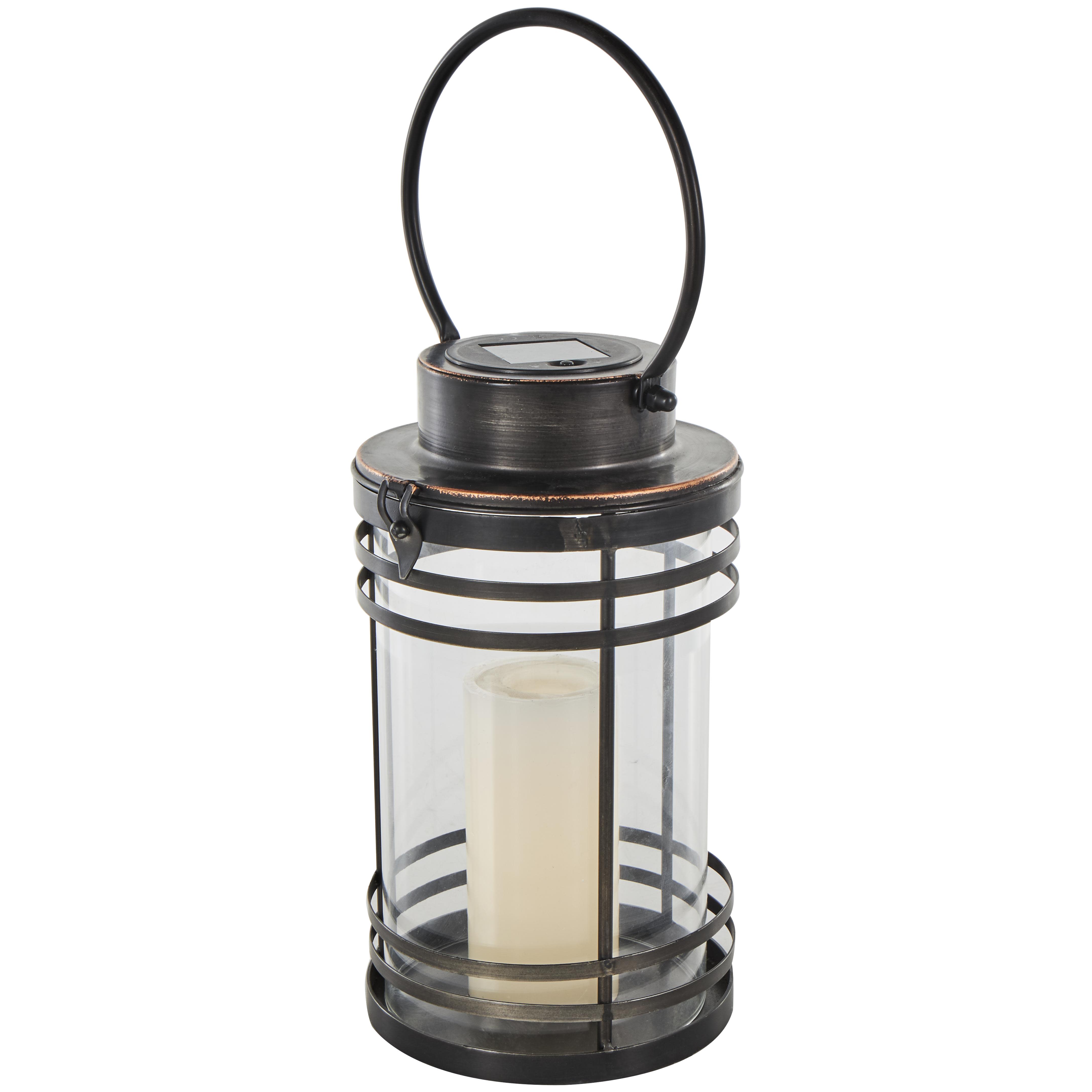 Black Metal  Indoor Outdoor Candle Lantern with Round Circle Lines, 7" x 7" x 12"