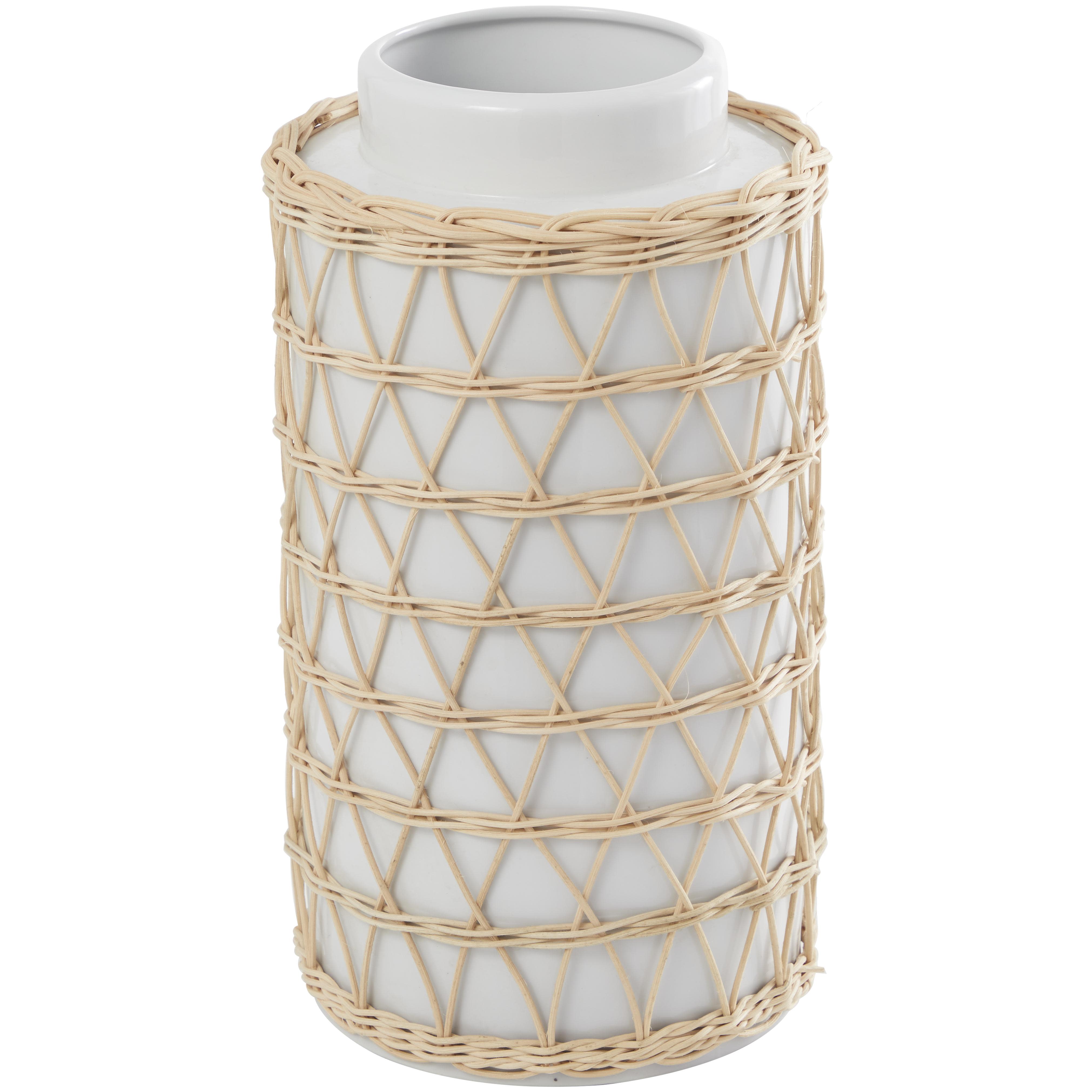 White Ceramic  Handmade Decorative Vase with Woven Rattan Exterior, 8" x 9" x 15"
