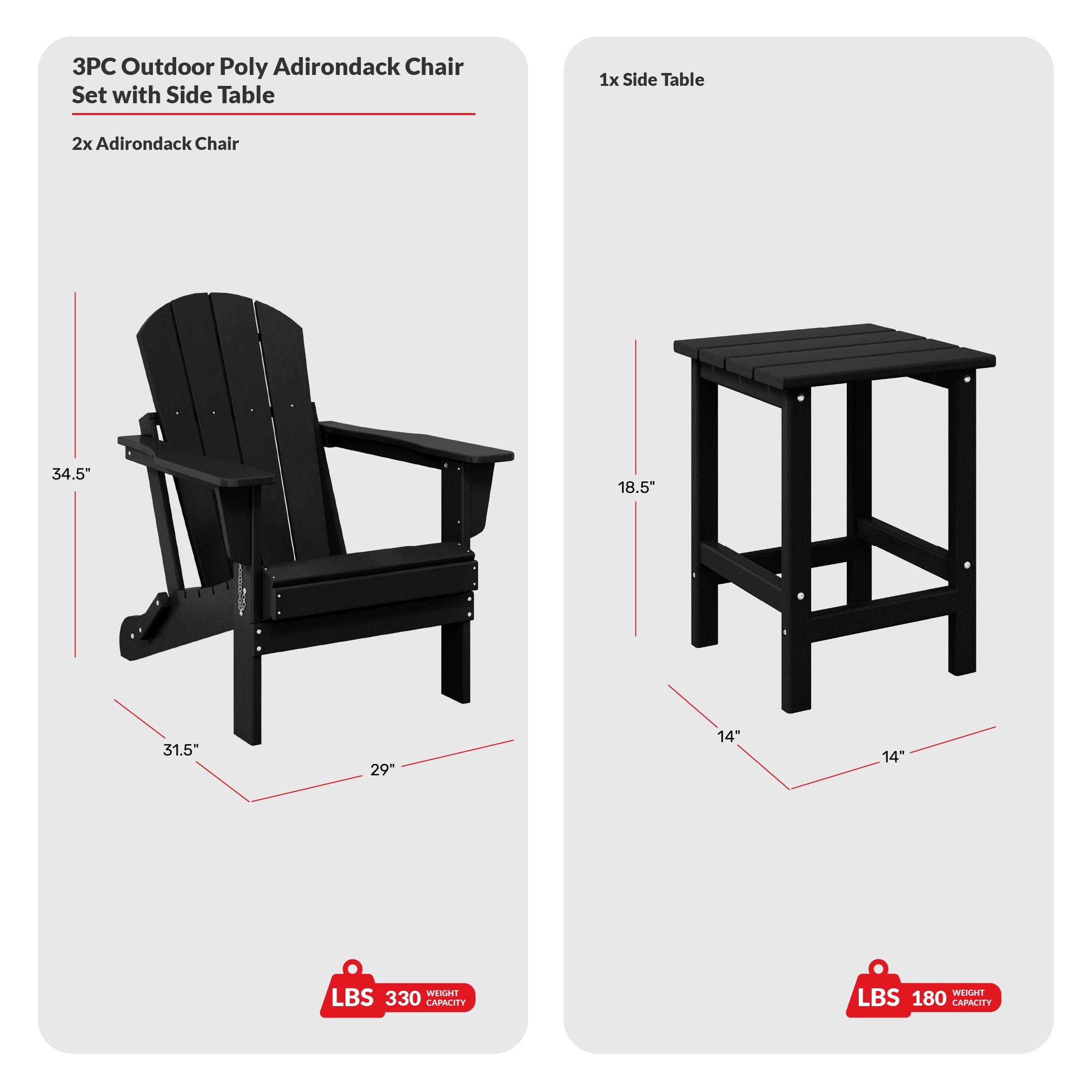3-Piece set Outdoor / Patio Poly Adirondack chair set with a side table ( 2 seater )COS Spec Image