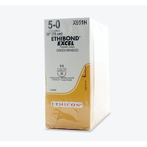 ETHIBOND EXCEL® Polyester Green-Braided Sutures, 5-0, V-5, TAPERCUT™, 30" - 36/Box