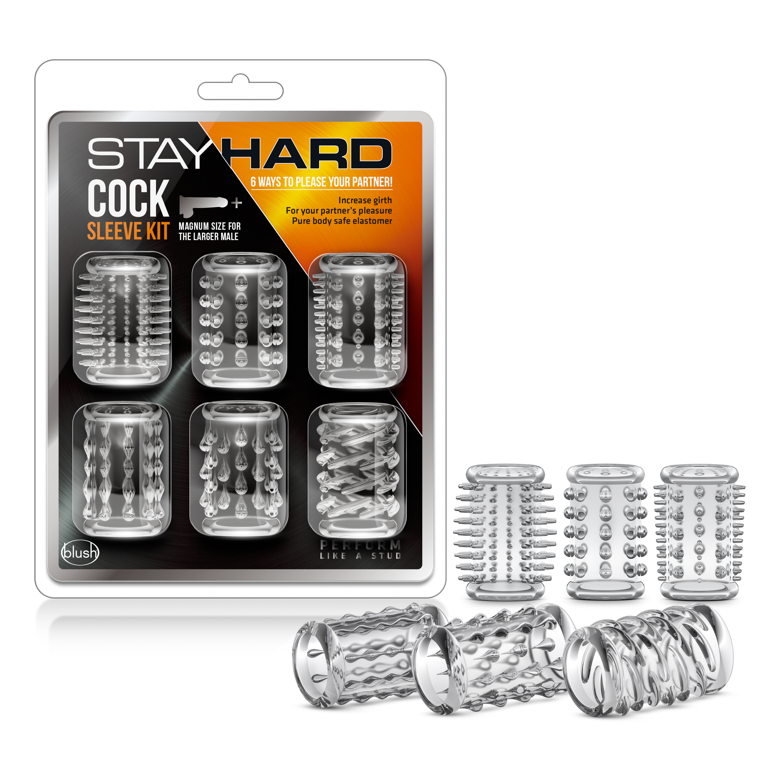 Blush Stay Hard / Clear Soft Tickler Penis Sleeve Kit (Set of 6)