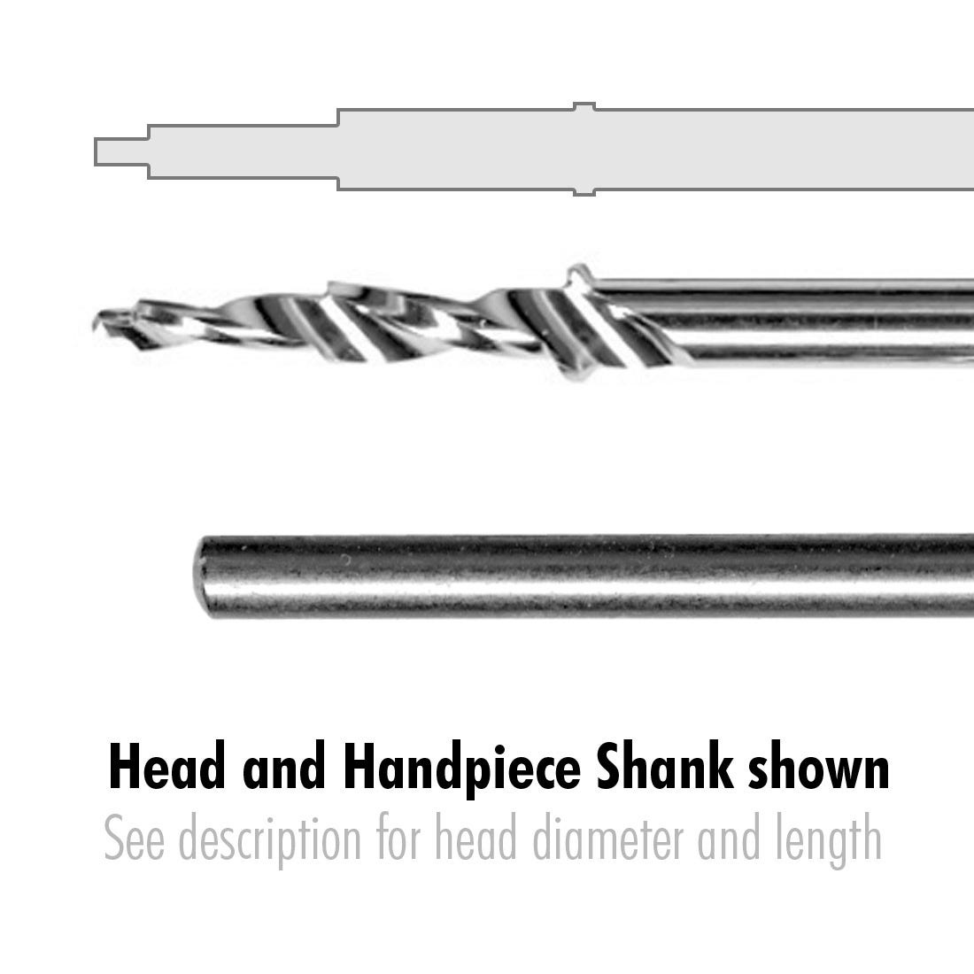 Three Step Pilot Drill 48mm long, step diameters (.8mm, 1.6mm, 2.1mm) handpiece