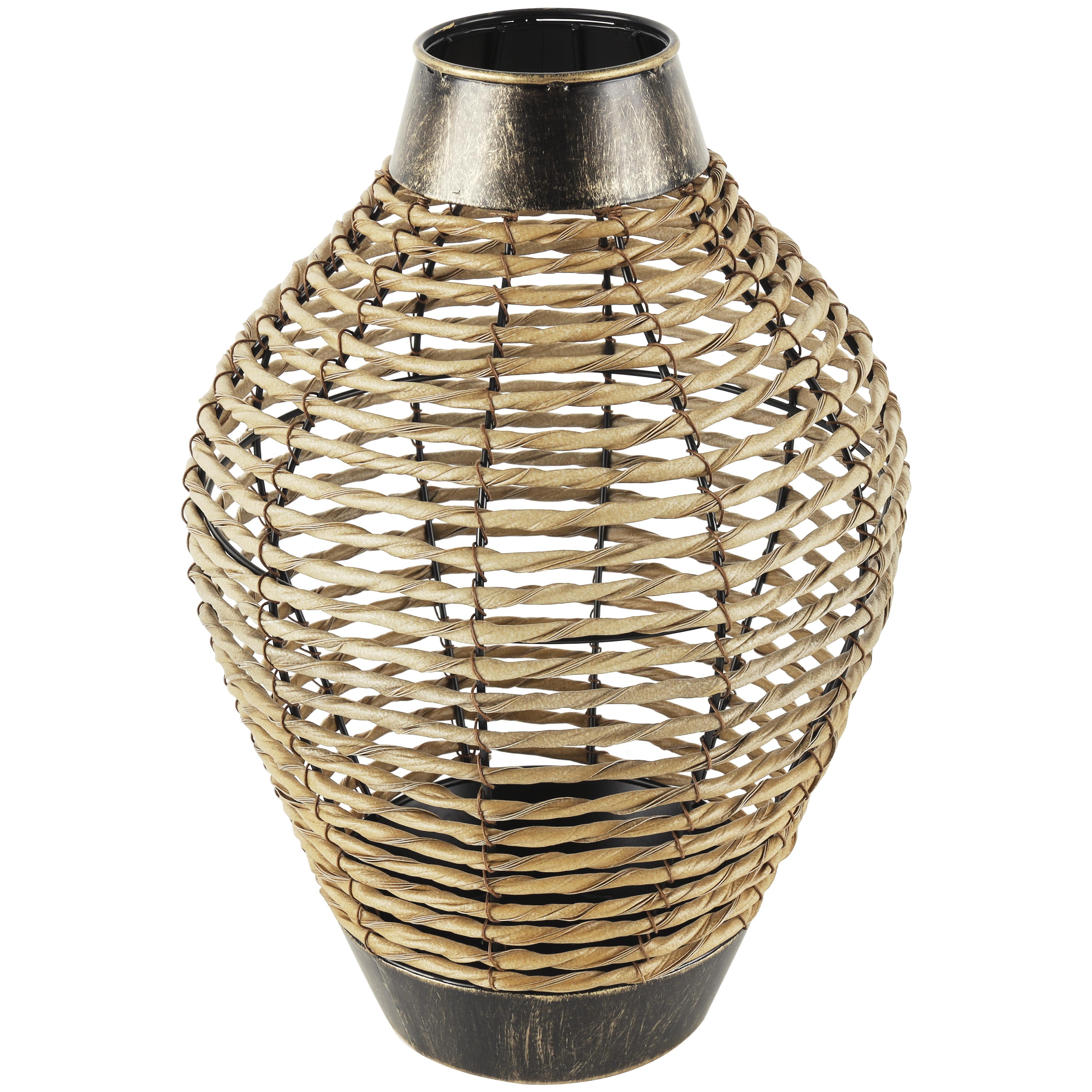 Bronze Plastic Rattan  Handmade Twisted Decorative Vase with Open Frame Design and Bronze Metal Details, 11" x 10" x 16"