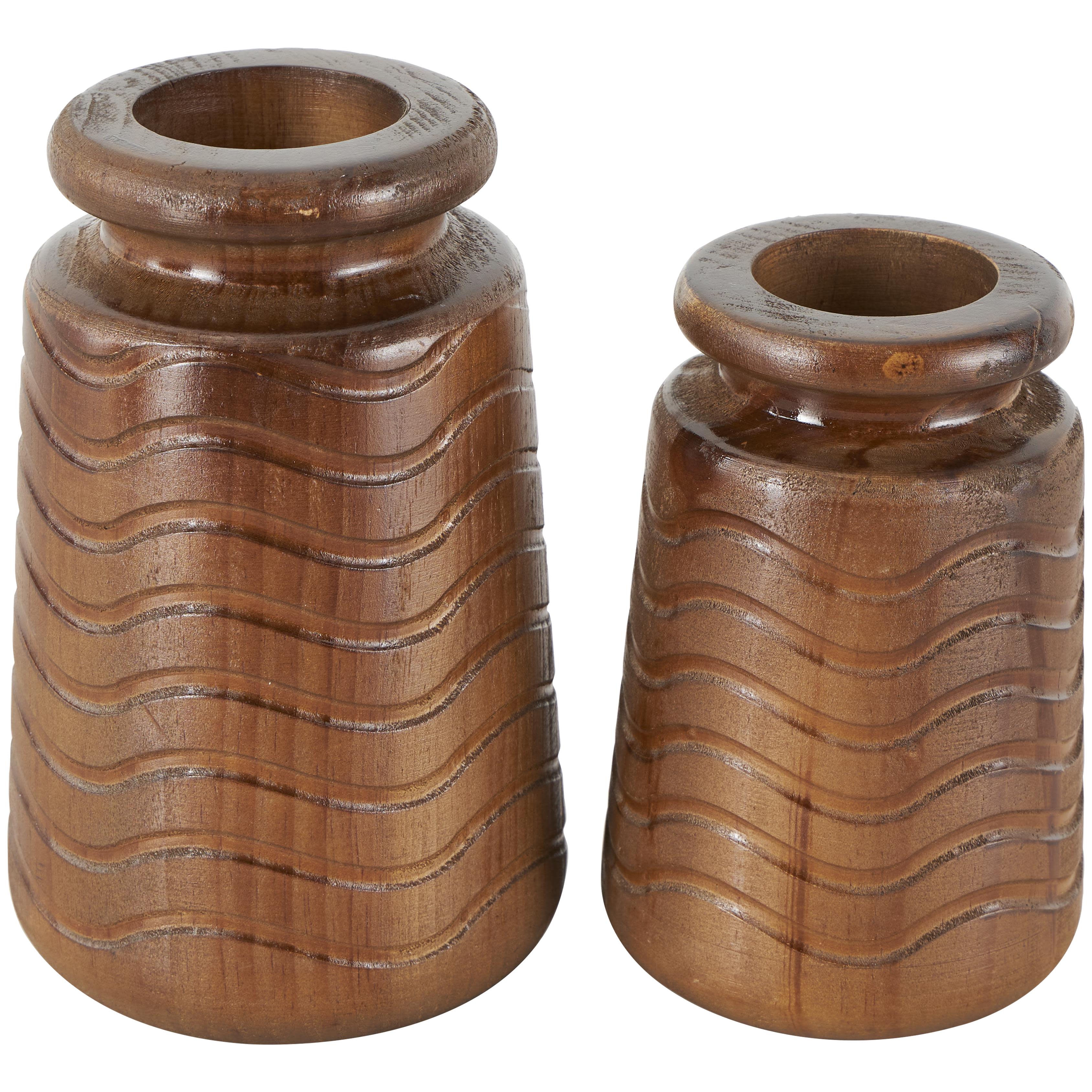Brown Wood  Decorative Vase with Carved Wavy Designs, Set of 2 9", 7"H