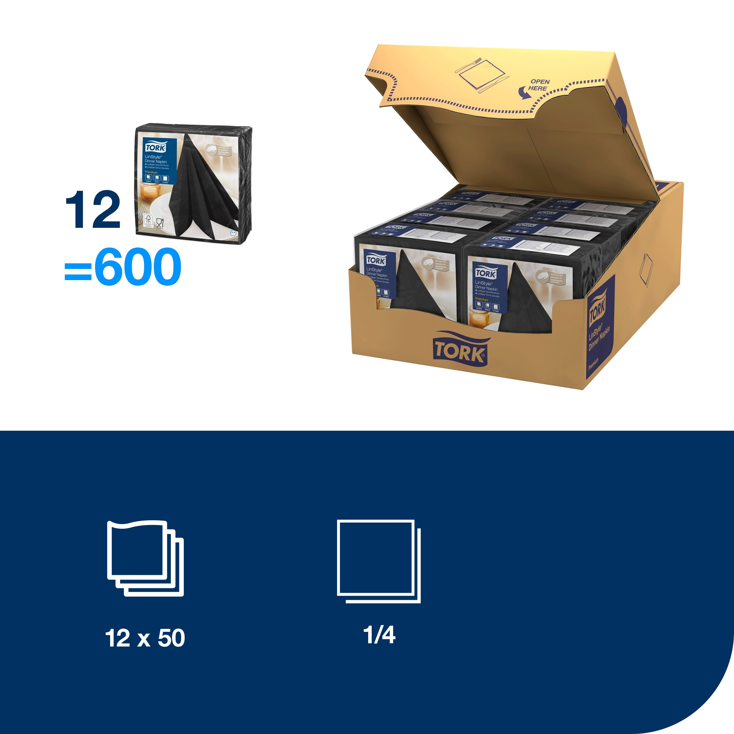 Servietter, 1 lag, Sort, 40x40 cm, 50 stk, Tork Linstyle