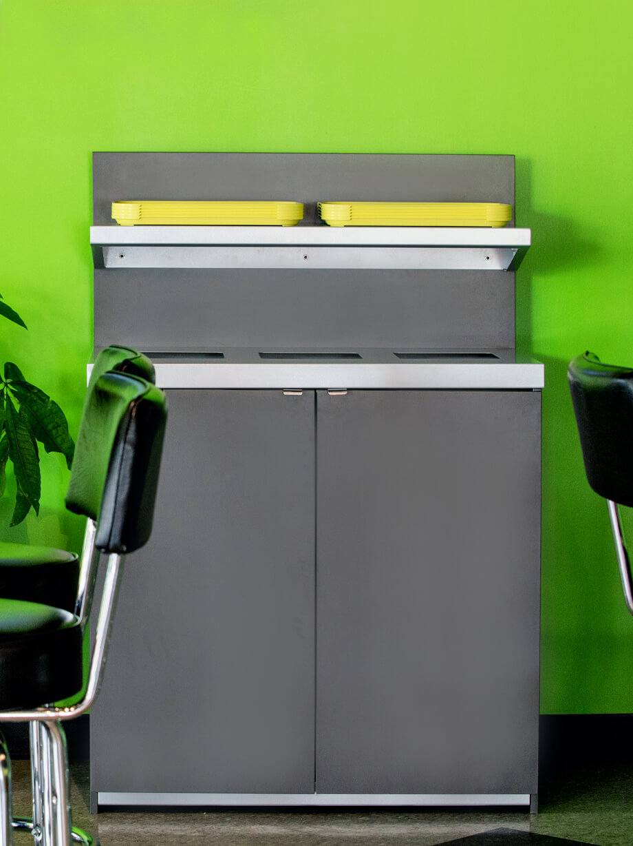 triple opening trash and recyclables collection bin made for restaurants with hinged doors