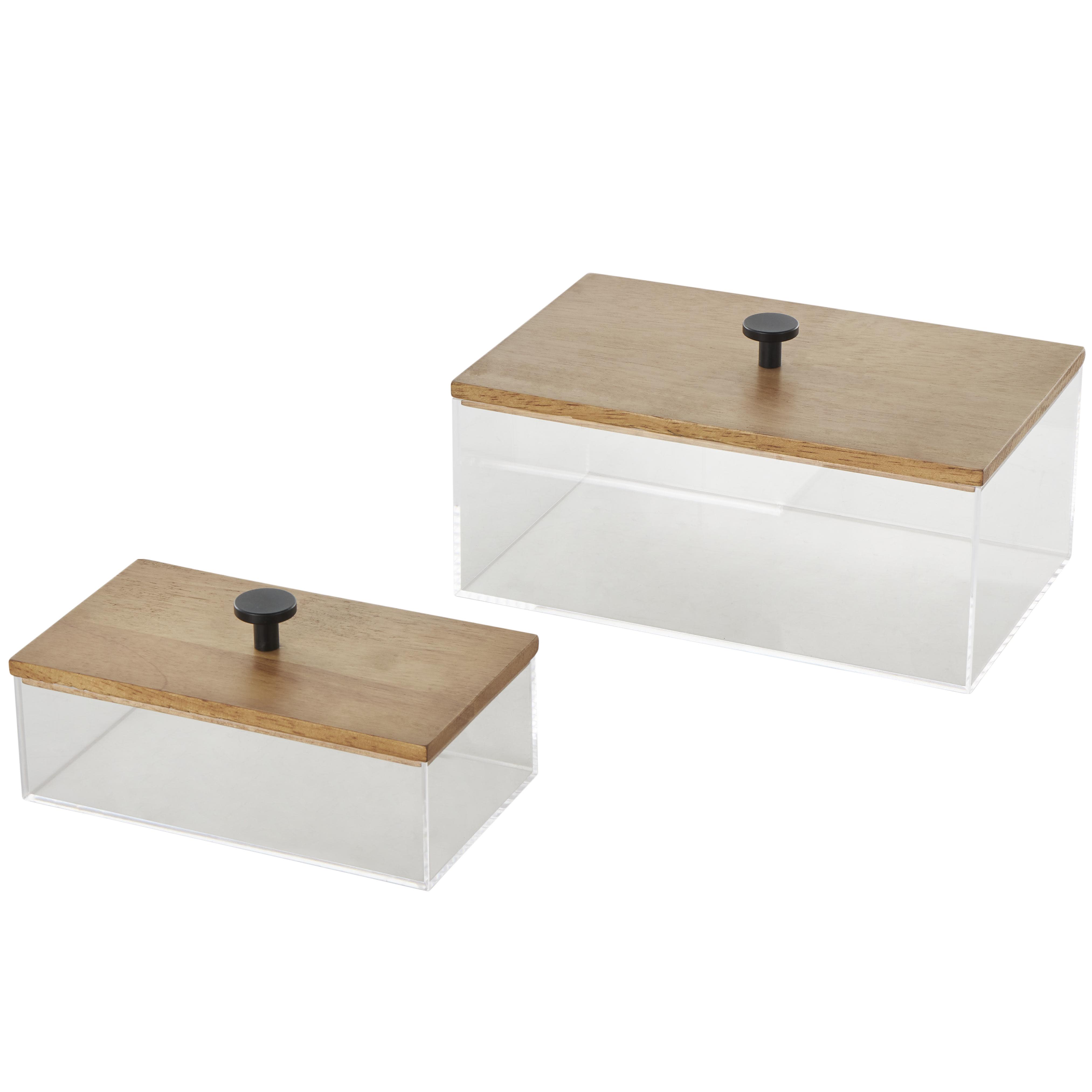 Clear Acrylic Plastic  Decorative Box with Brown Wooden Lids and Black Knobs, Set of 2 9\", 7\"W(pack 4)