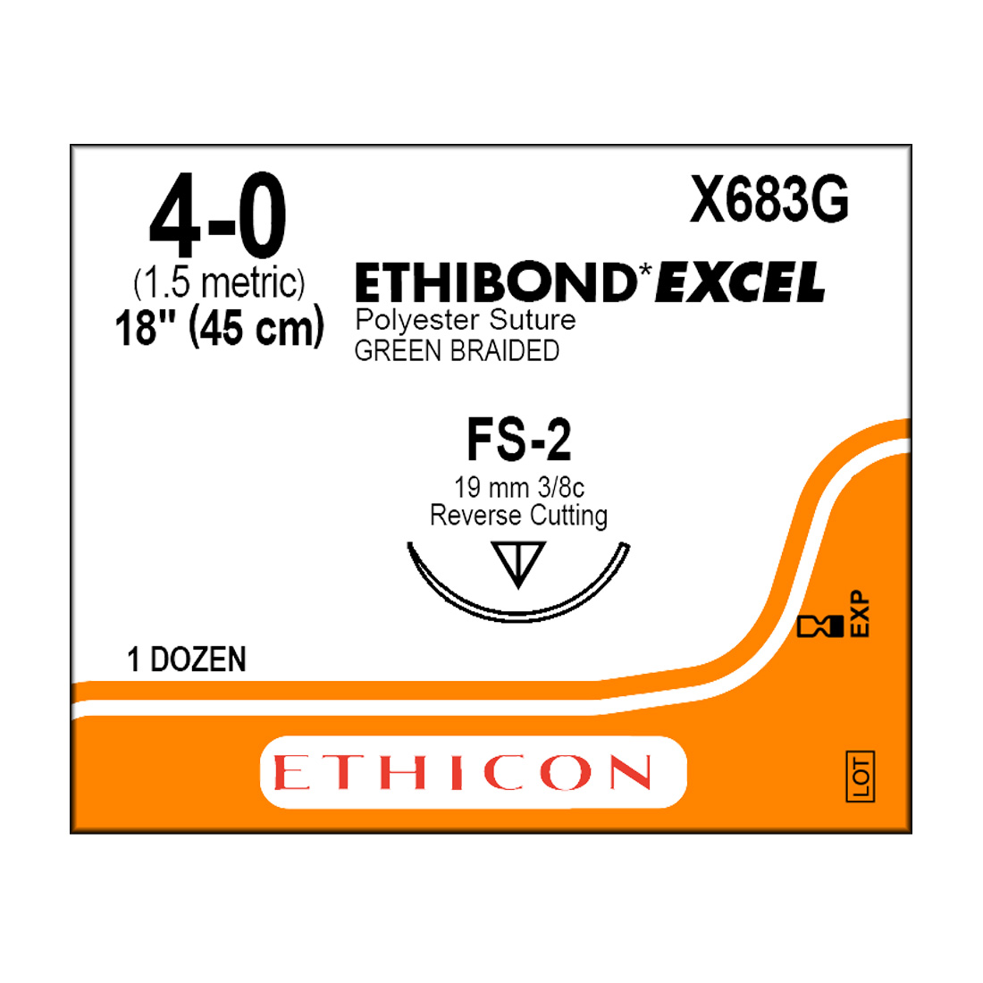 ETHIBOND EXCEL® Polyester Green Braided Sutures, 4-0, FS-2, Reverse Cutting, 18" - 12/Box