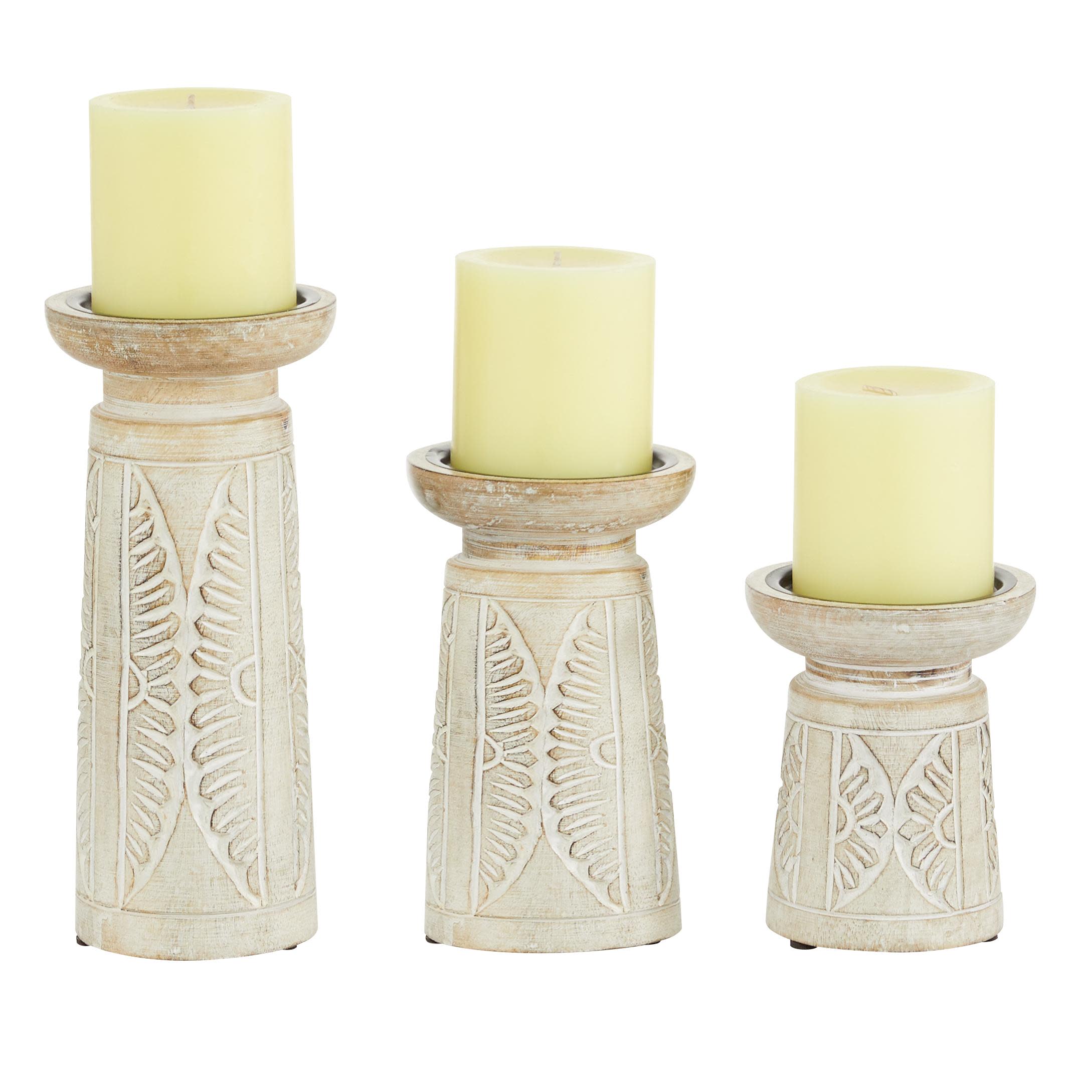 White Mango Wood Floral Handmade Intricate Carved Pillar Decorative Candle Holder with Whitewashed Cream Backing, Set of 3 10", 8", 6"H