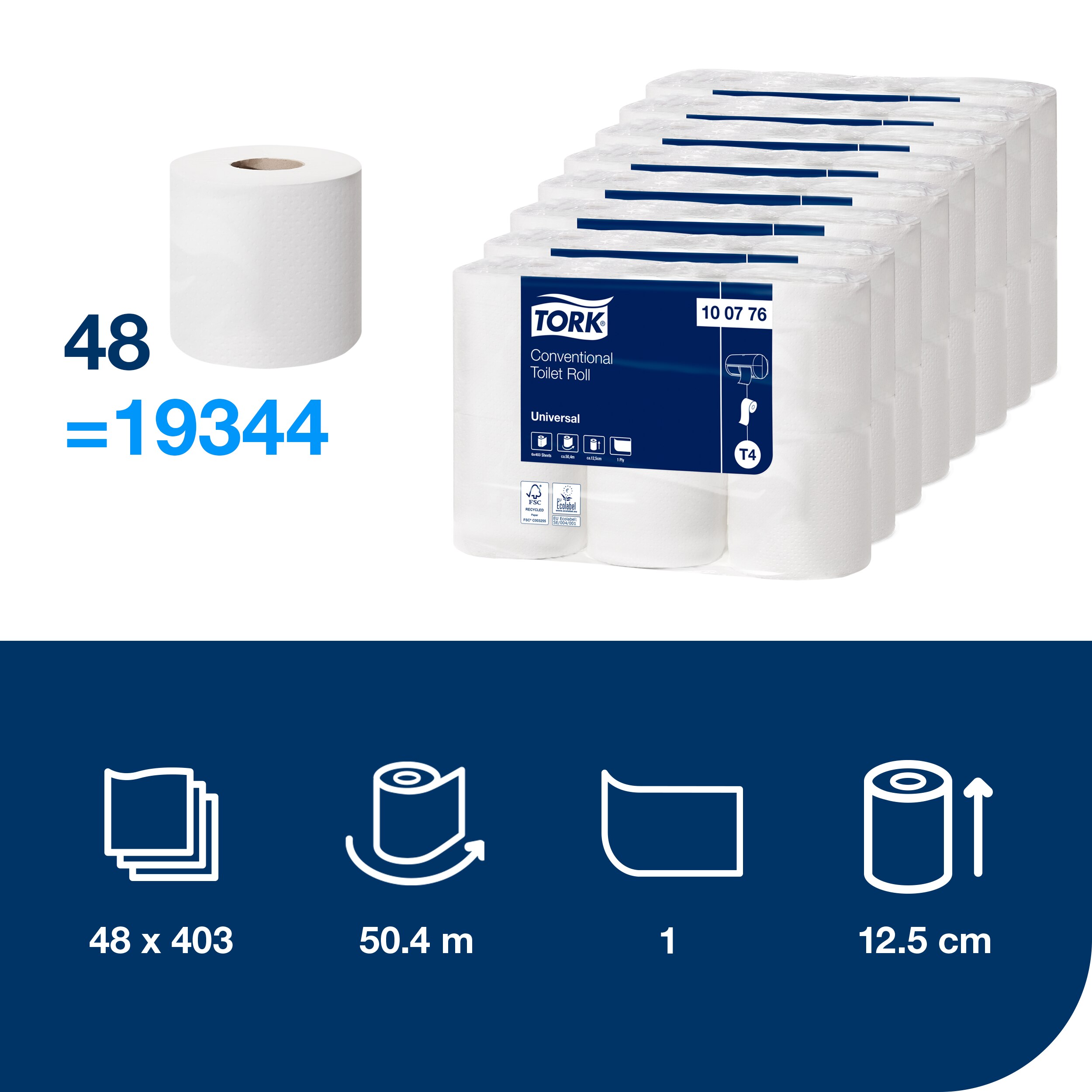 Toiletpapir, Udvendig oprulning, 1 lag, 48 ruller, Tork Universal T4