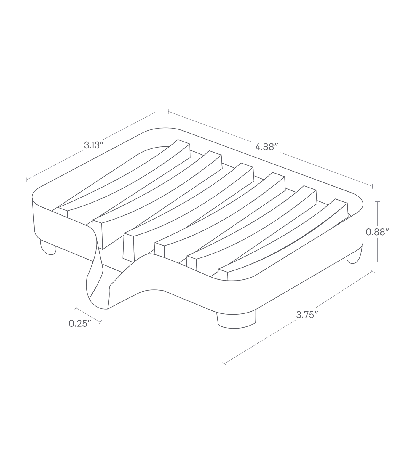 Dimension image for Self-Draining Soap Trayon a white background showing length of 4.88", width of 3.13 ", width including the drain is 3.75", height of 0.88 ", Drain width of 0.25"