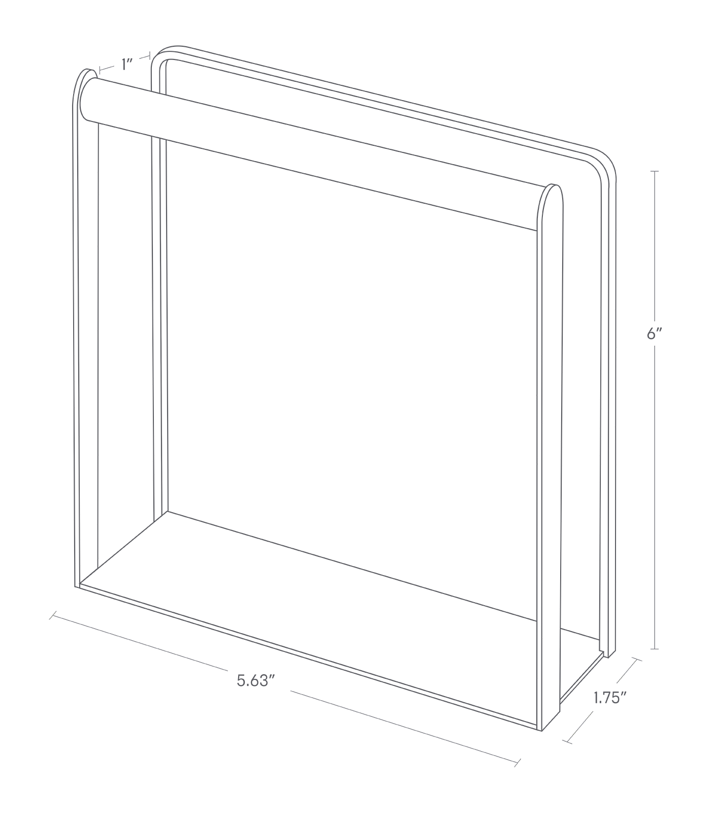 Dimension image for Napkin Holder showing height of 6", length of 1.75", width of 5.63" and 1" between the front bar and the back bar