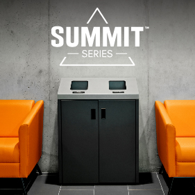 double powder coated metal recycling and trash bin with a sloped lid and hinged front doors in a college campus lounge