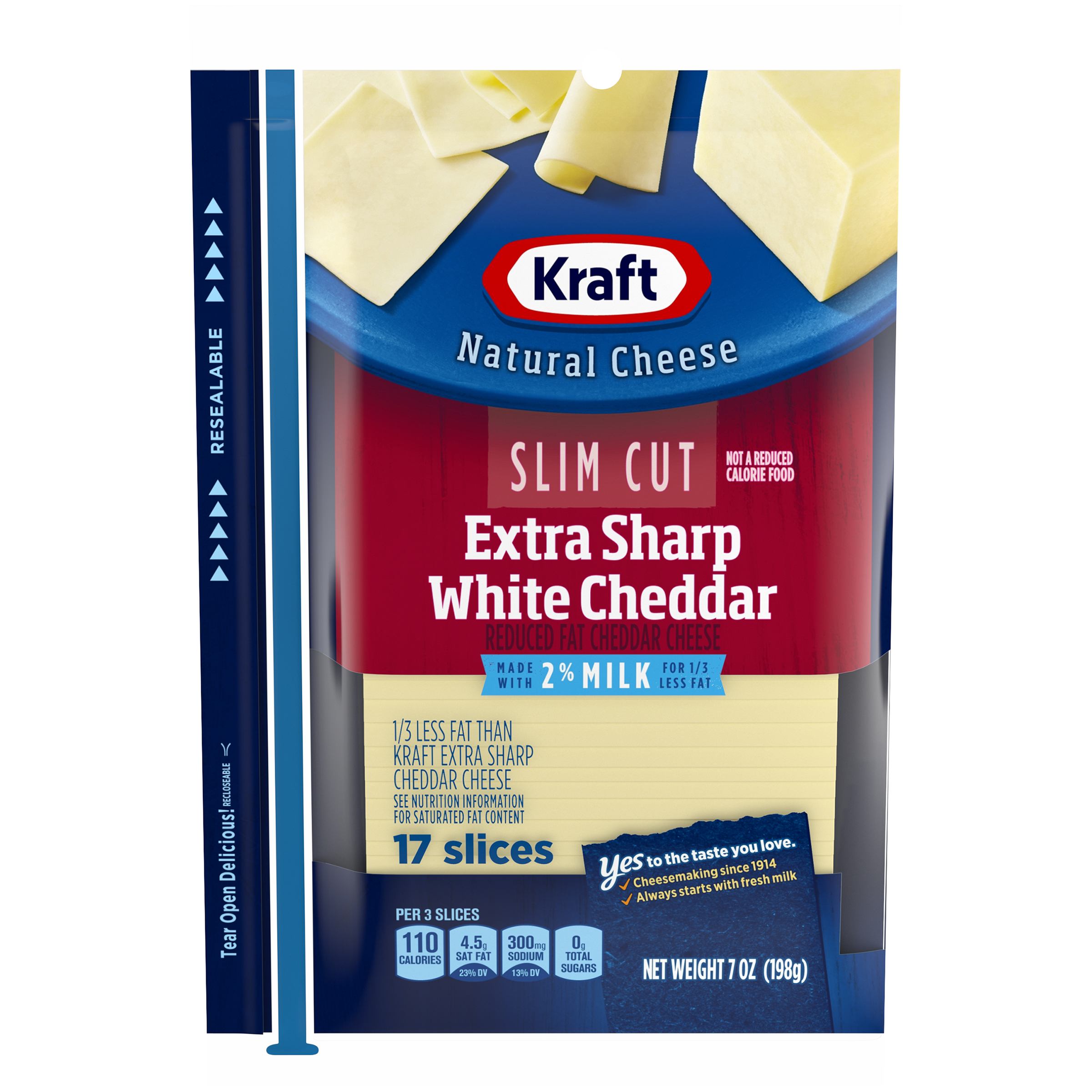 Kraft Slim Cut Extra Sharp White Cheddar 2 Milk Natural Cheese Slices