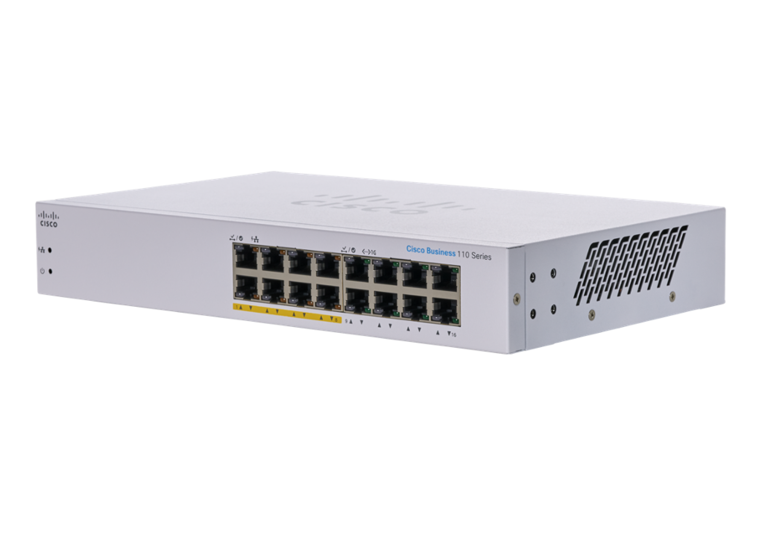 Picture of Cisco Business CBS110-16PP 16 Ports Ethernet Switch - 2 Layer Supported - 64 W PoE Budget - Twisted Pair - PoE Ports - 1U High - Desktop, Wall Mountable, Rack-mountable