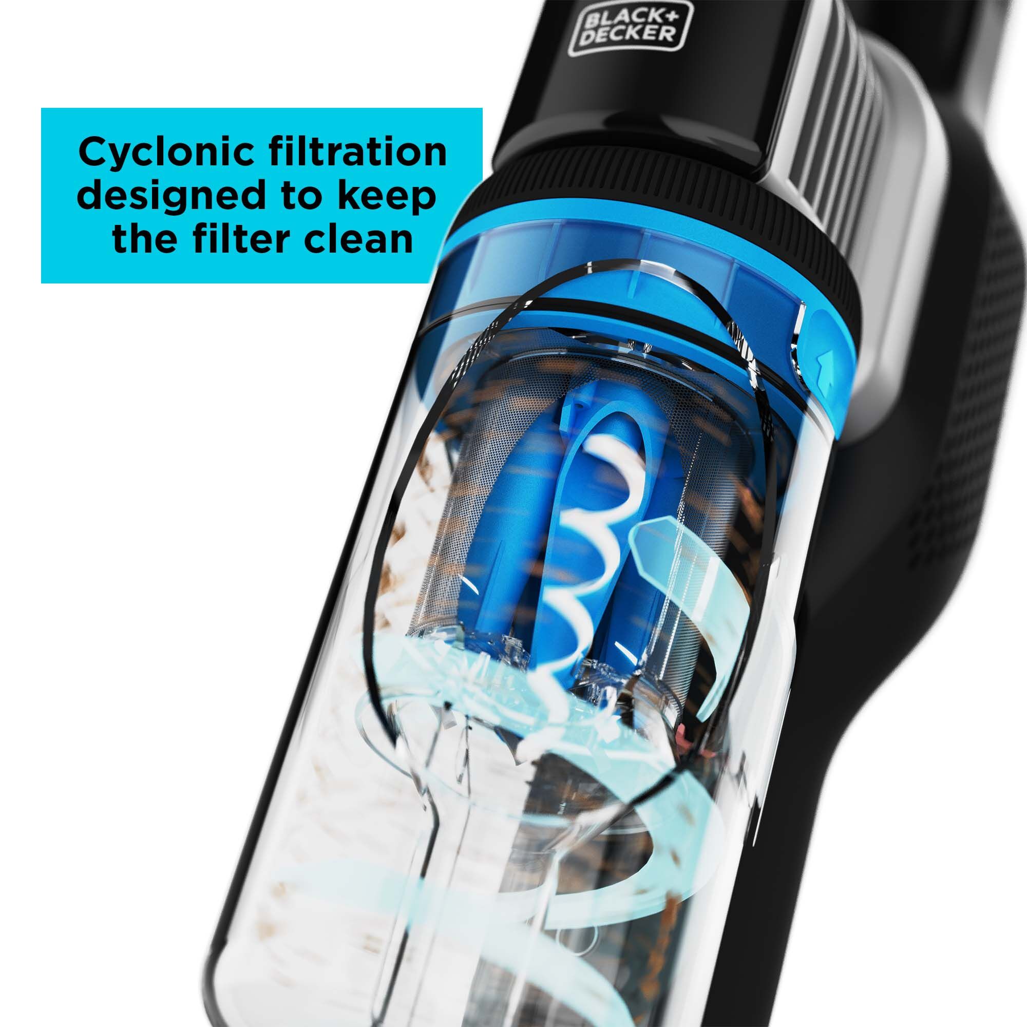 Cyclonic filtration designed to keep the filter clean on the POWERSERIES Extreme MAX stick vac