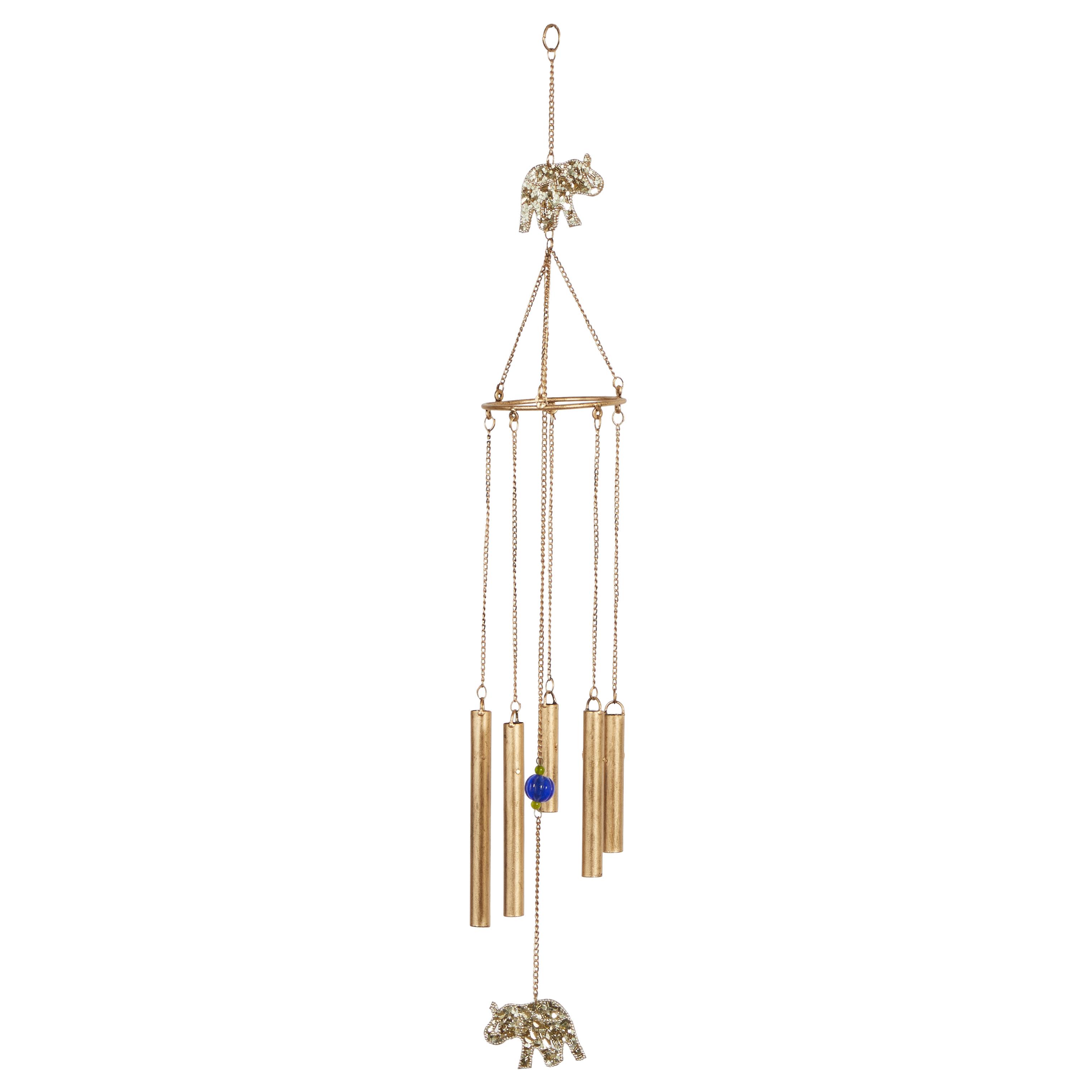 Pack of 5 Gold Metal Elephant Indoor Outdoor Embellished Windchime with Glass Beads and Pipe Bells, 5\" x 5\" x 39\"