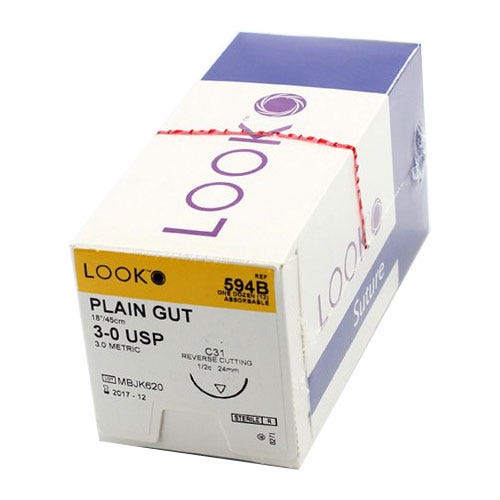 Plain Gut Suture, 3-0, C-31, Reverse Cutting, 18" - 12/Box