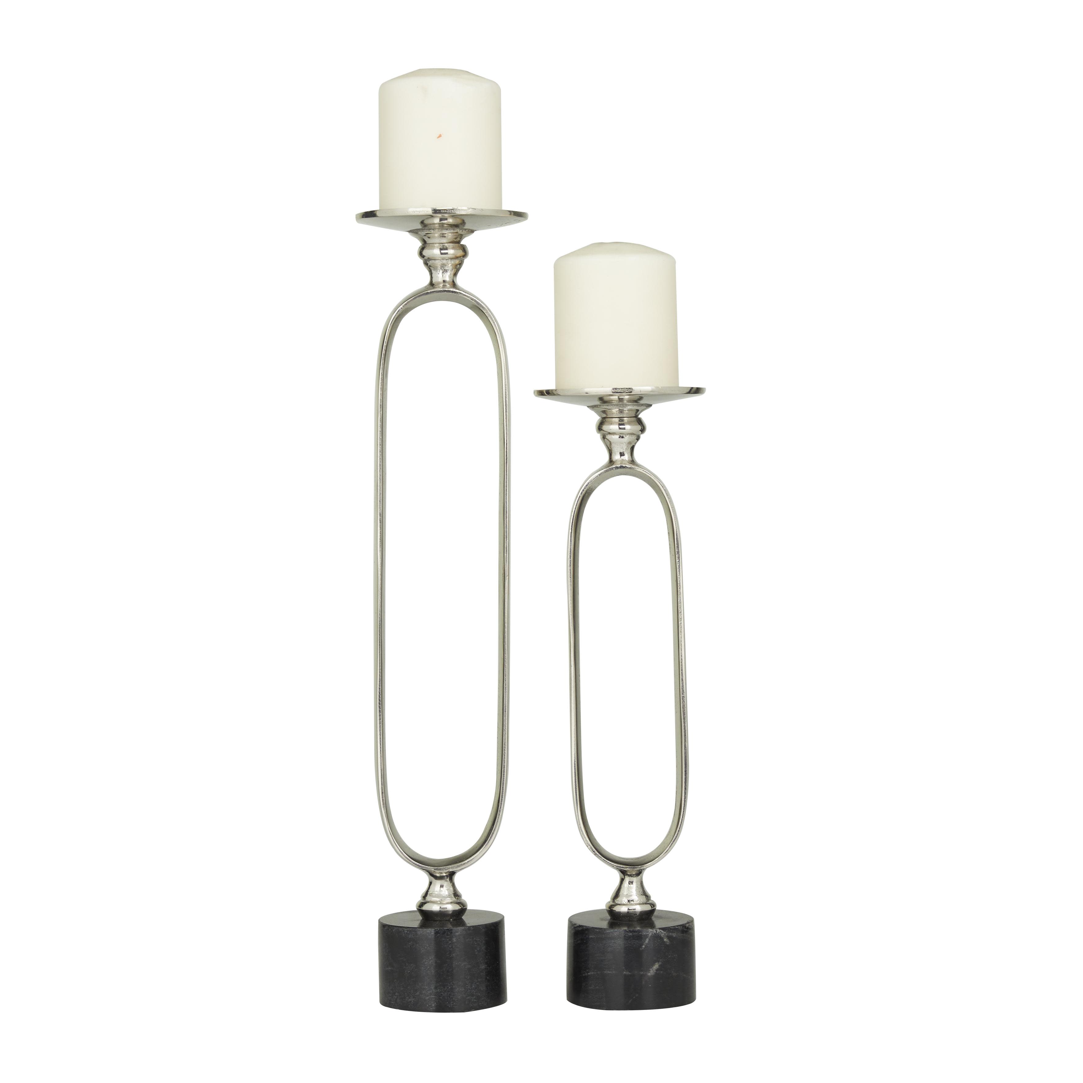 Silver Aluminum Metal  Paper Clip Pillar Decorative Candle Holder with Marble Base, Set of 2 19", 15"H