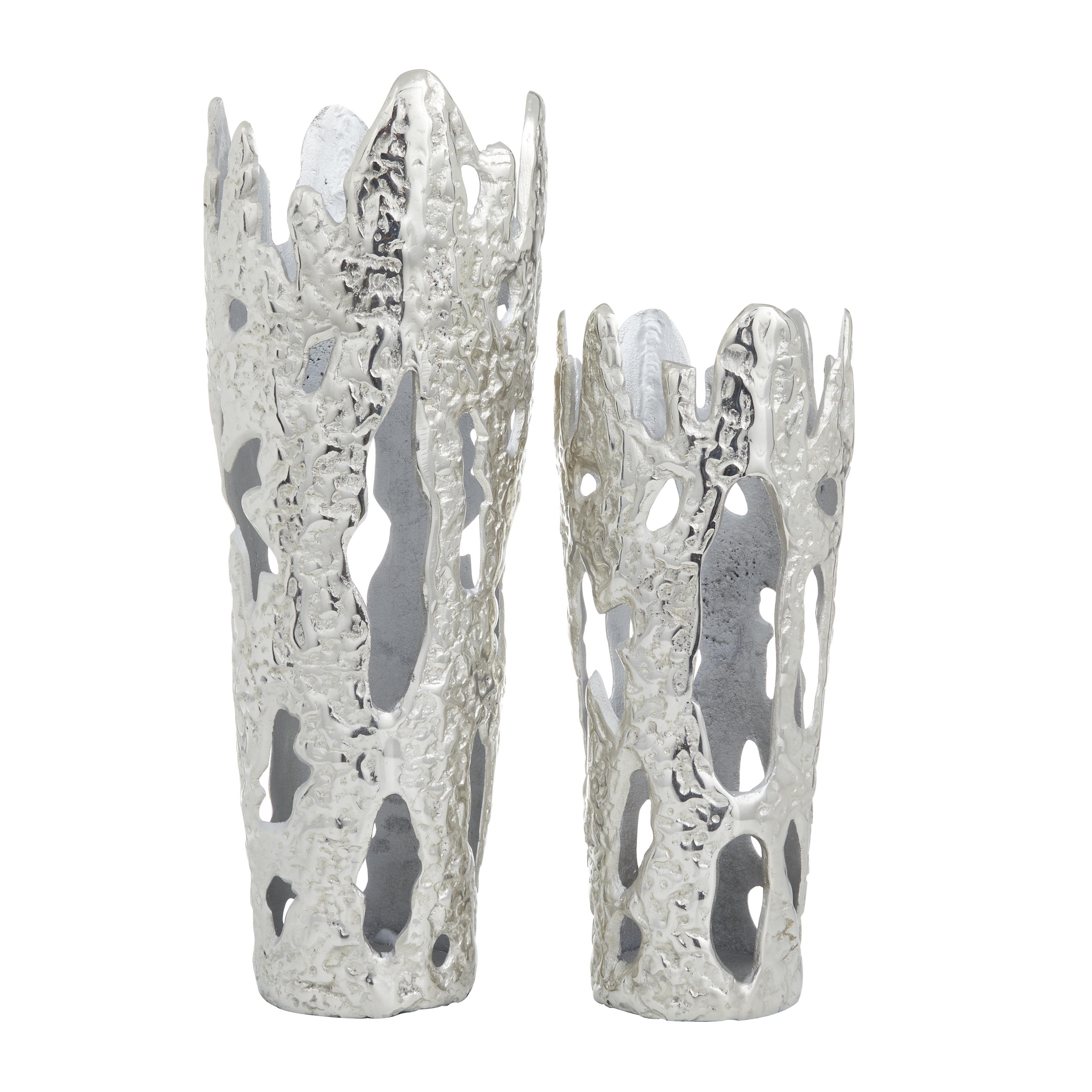 Silver Aluminum Metal  Decorative Vase with Cut Out Designs, Set of 2 20", 15"H